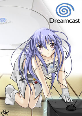 dreamcast-tan, sega, lowres, 1girl, bent over, female focus, game console, gloves, long hair, personification, pink eyes, purple hair, sega dreamcast, socks, solo, television