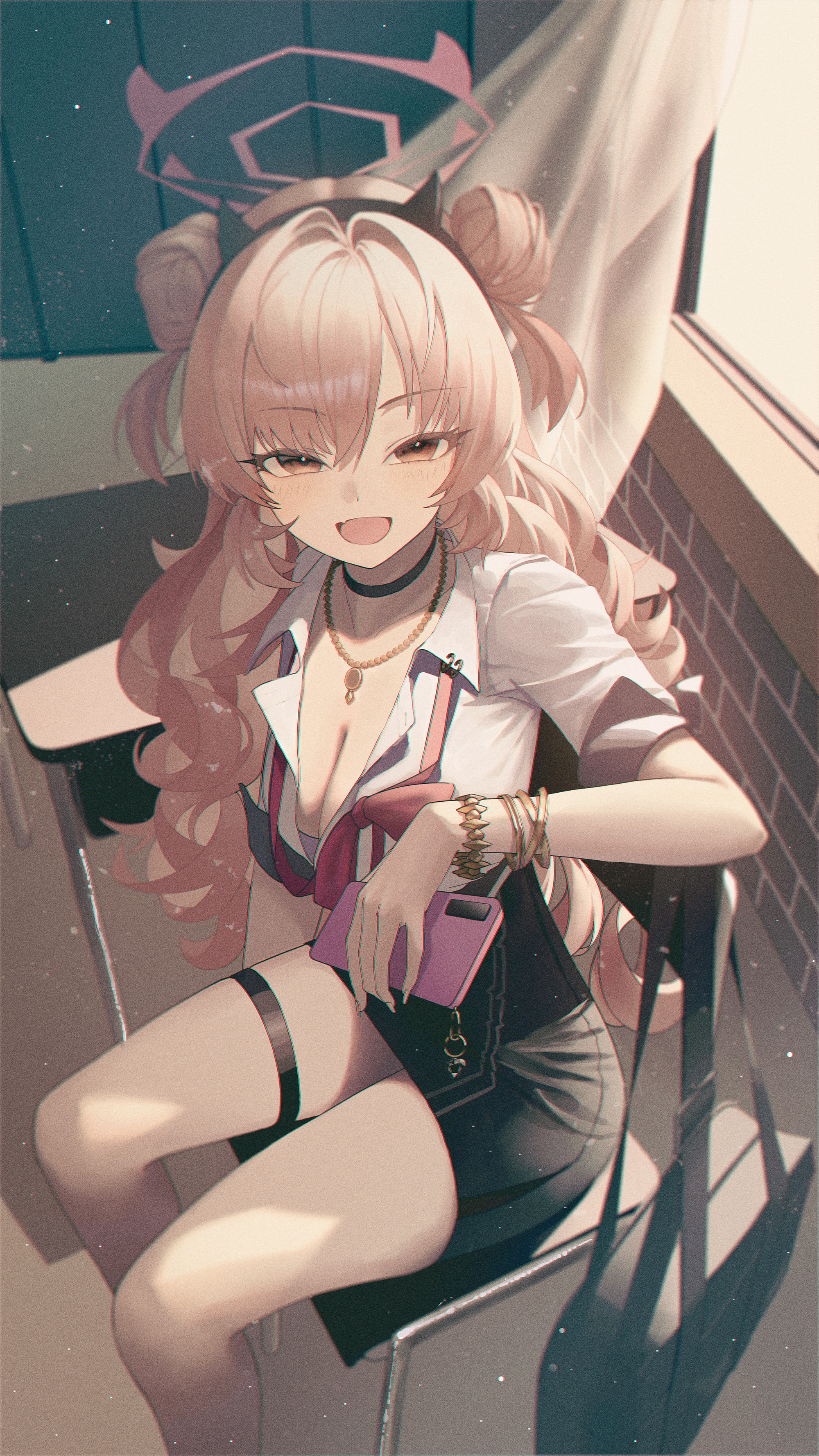 maka sill, kirara (blue archive), blue archive, absurdres, highres, 1girl, :s, arm support, black choker, black hairband, black skirt, bow, bowtie, bracelet, breasts, cellphone, choker, classroom, cleavage, desk, double bun, dress shirt, fake horns, fang, feet out of frame, fingernails, from above, gold bracelet, gold necklace, gyaru, hair bun, hairband, halo, high-waist skirt, holding, holding phone, horn hairband, horns, indoors, jewelry, light particles, long fingernails, long hair, looking at viewer, loose bowtie, medium breasts, miniskirt, multiple bracelets, necklace, partially unbuttoned, pencil skirt, phone, pink hair, pink halo, red bow, red bowtie, red eyes, school, school desk, school uniform, shirt, side up bun, skin fang, skirt, sleeves rolled up, smartphone, solo, sunset, thigh strap, two side up, underbust, very long hair, wavy hair, white shirt