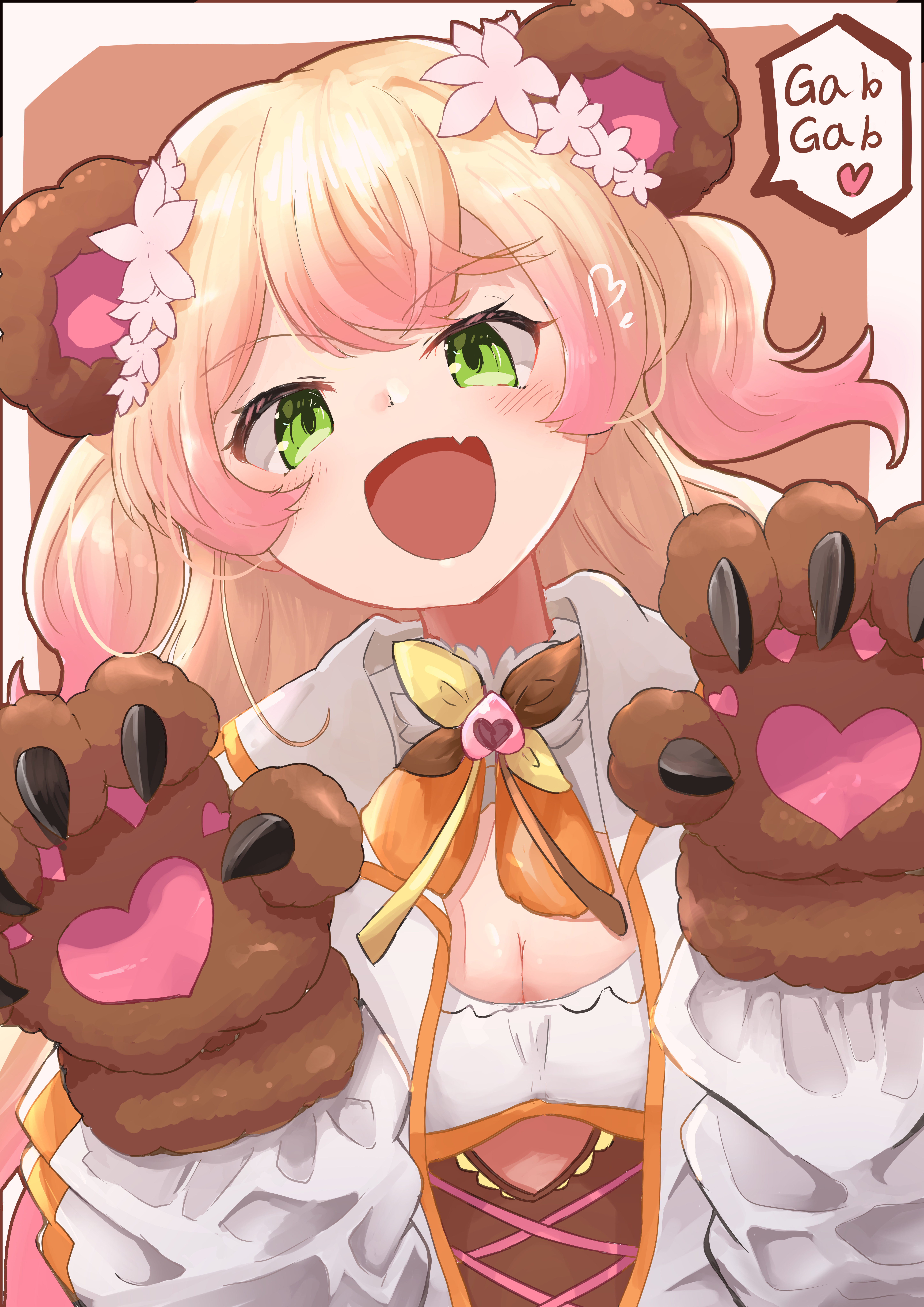 momosuzu nene, momosuzu nene (1st costume), hololive, absurdres, commentary request, highres, 1girl, :d, animal ears, animal hands, bear ears, bear paws, bell, blonde hair, blush, bow, bowtie, breasts, brown bow, brown bowtie, cleavage, cleavage cutout, clothing cutout, corset, crossed bangs, cutout above navel, fake animal ears, fang, flower, frilled shirt, frills, gloves, gradient hair, green eyes, hair flower, hair ornament, heart, jacket, jingle bell, large breasts, long hair, looking at viewer, medium breasts, multicolored bow, multicolored bowtie, multicolored hair, neck bell, open mouth, orange bow, orange bowtie, orange shirt, paw gloves, peach ornament, pink hair, shirt, sidelocks, skin fang, smile, solo, speech bubble, talking, two side up, underbust, upper body, user tamh4573, virtual youtuber, white flower, white jacket, yellow bow, yellow bowtie