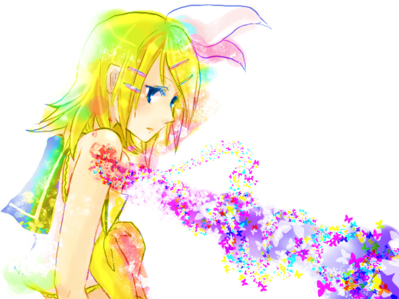 shinigami a, kagamine rin, migikata no chou (vocaloid), vocaloid, bad id, bad pixiv id, blonde hair, blue eyes, bug, butterfly, hair ornament, hair ribbon, hairclip, insect, ribbon, sailor collar, short hair, simple background, solo