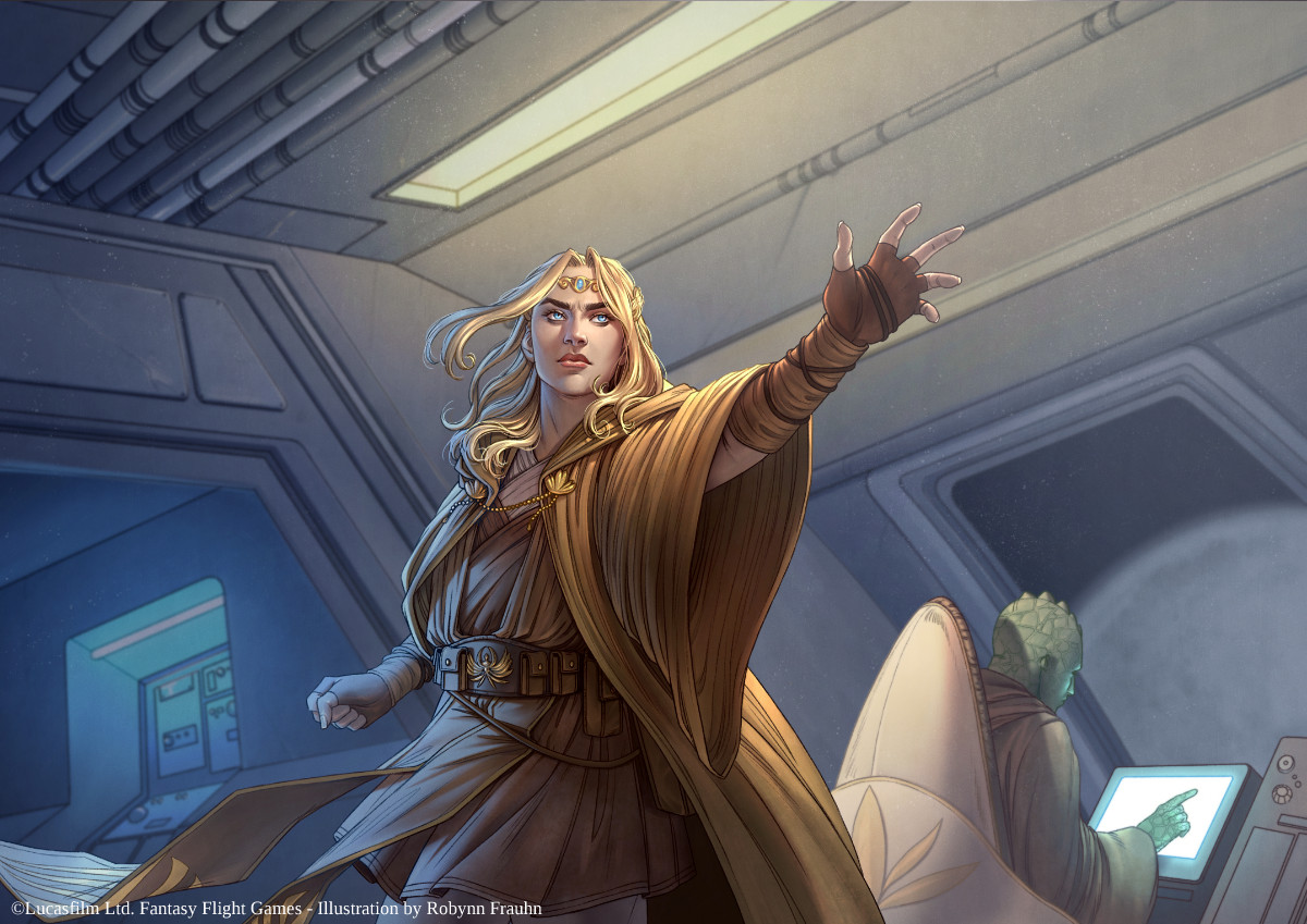 star wars, star wars: the high republic, 1boy, 1girl, alien, avar kriss, belt, blonde hair, blue eyes, brown belt, brown gloves, brown robe, brown tunic, circlet, colored skin, fingerless gloves, gloves, green skin, long hair, robe, robynn frauhn, solo focus, spacecraft interior, tunic