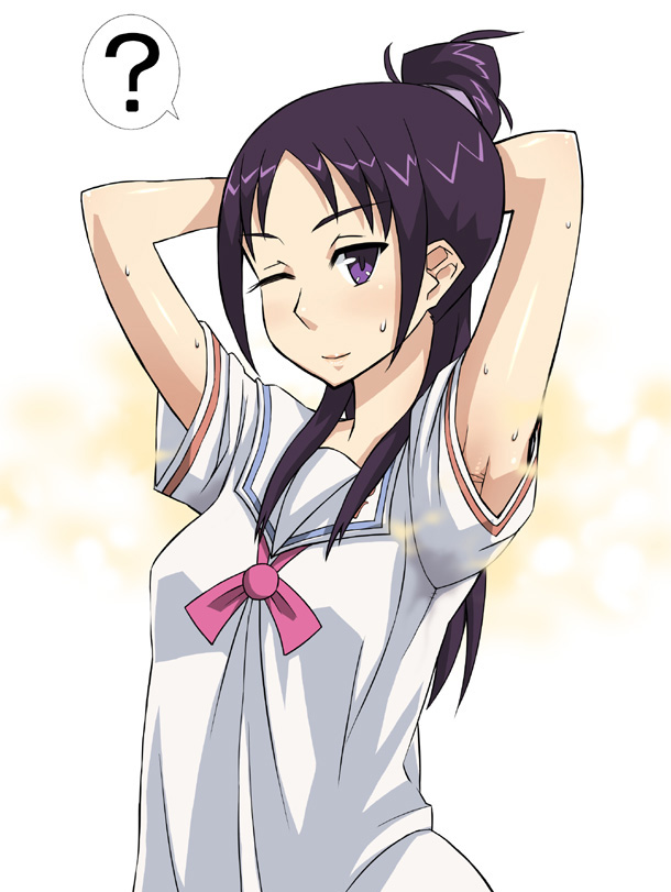 enoshima iki, futari wa precure splash star, precure, 1girl, ?, armpits, arms up, female focus, futari, long hair, one eye closed, purple eyes, purple hair, shirt, smell, smile, solo, sweat stain, t-shirt, wink