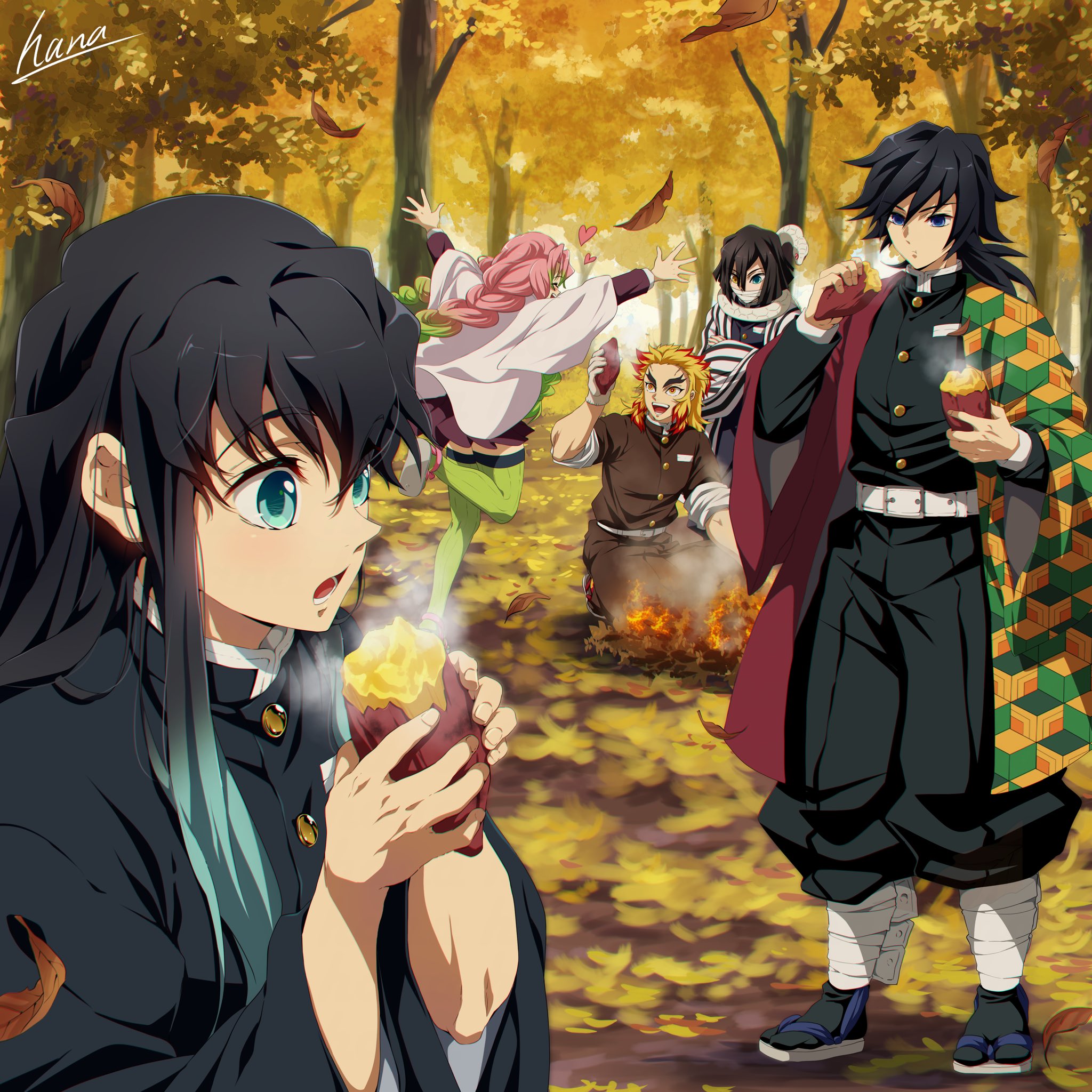 hana ni nare, iguro obanai, kanroji mitsuri, rengoku kyoujurou, tokitou muichirou, tomioka giyuu, kimetsu no yaiba, highres, 1girl, 4boys, aqua eyes, aqua hair, belt, black hair, black jacket, black pants, blonde hair, blue eyes, braid, buttons, demon slayer uniform, empty eyes, food, forest, gold buttons, green hair, haori, heterochromia, high collar, holding, holding food, jacket, japanese clothes, kikkoumon, long hair, low ponytail, male focus, multicolored hair, multiple boys, nature, open mouth, pants, pink hair, ponytail, print haori, red hair, red haori, smile, snake, spiked hair, standing, standing on one leg, two-tone hair, upper body, white belt, white haori