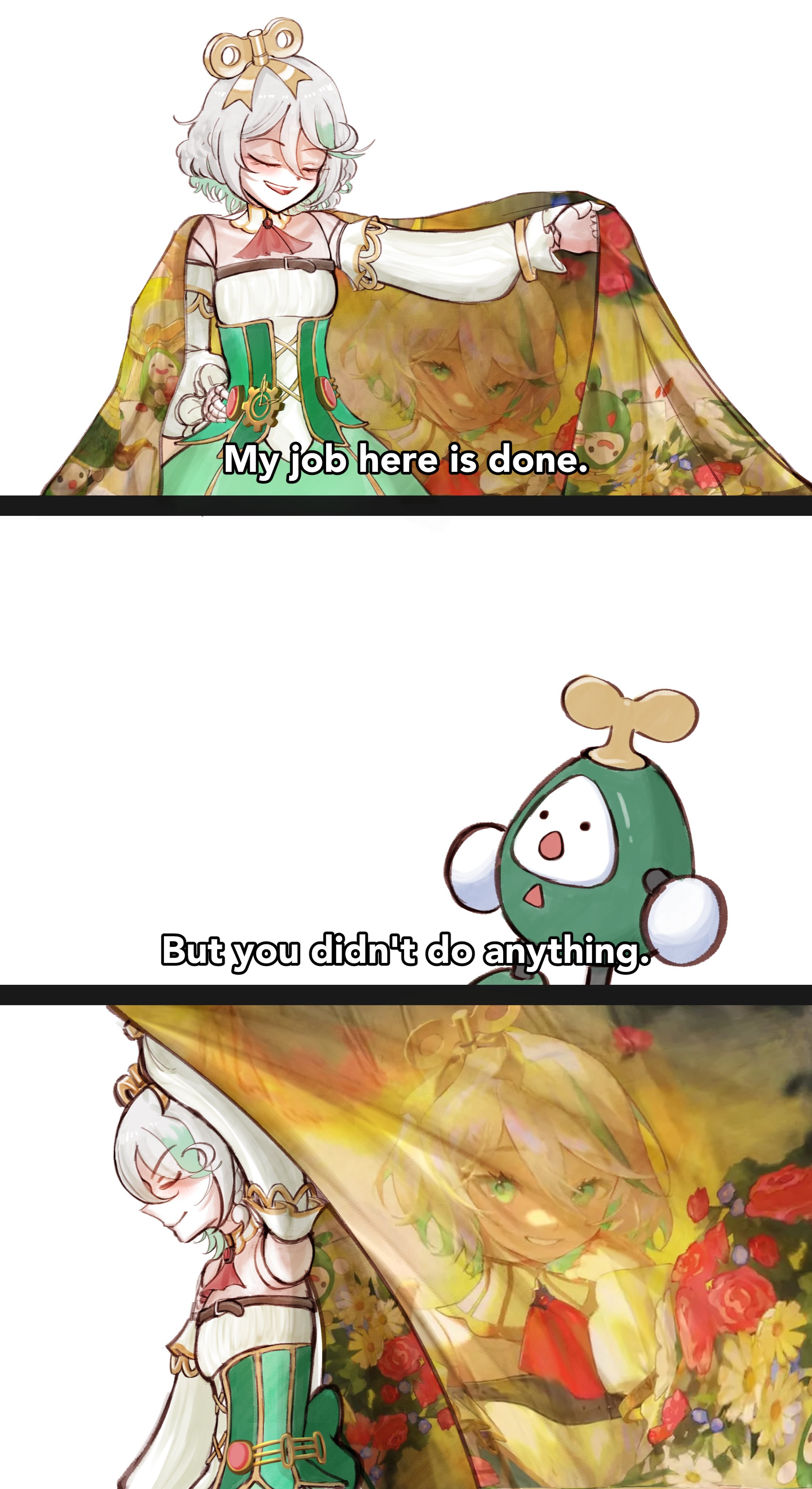 zookacchi, cecilia immergreen, cecilia immergreen (1st costume), hololive, hololive english, absurdres, highres, arm up, ascot, cape, character print, closed eyes, colored inner hair, corset, detached sleeves, doll joints, english text, green corset, green hair, grey hair, joints, meme, multicolored hair, my job here is done (meme), red ascot, short hair, simple background, standing, subtitled, two-tone hair, virtual youtuber, white background, white sleeves, winding key