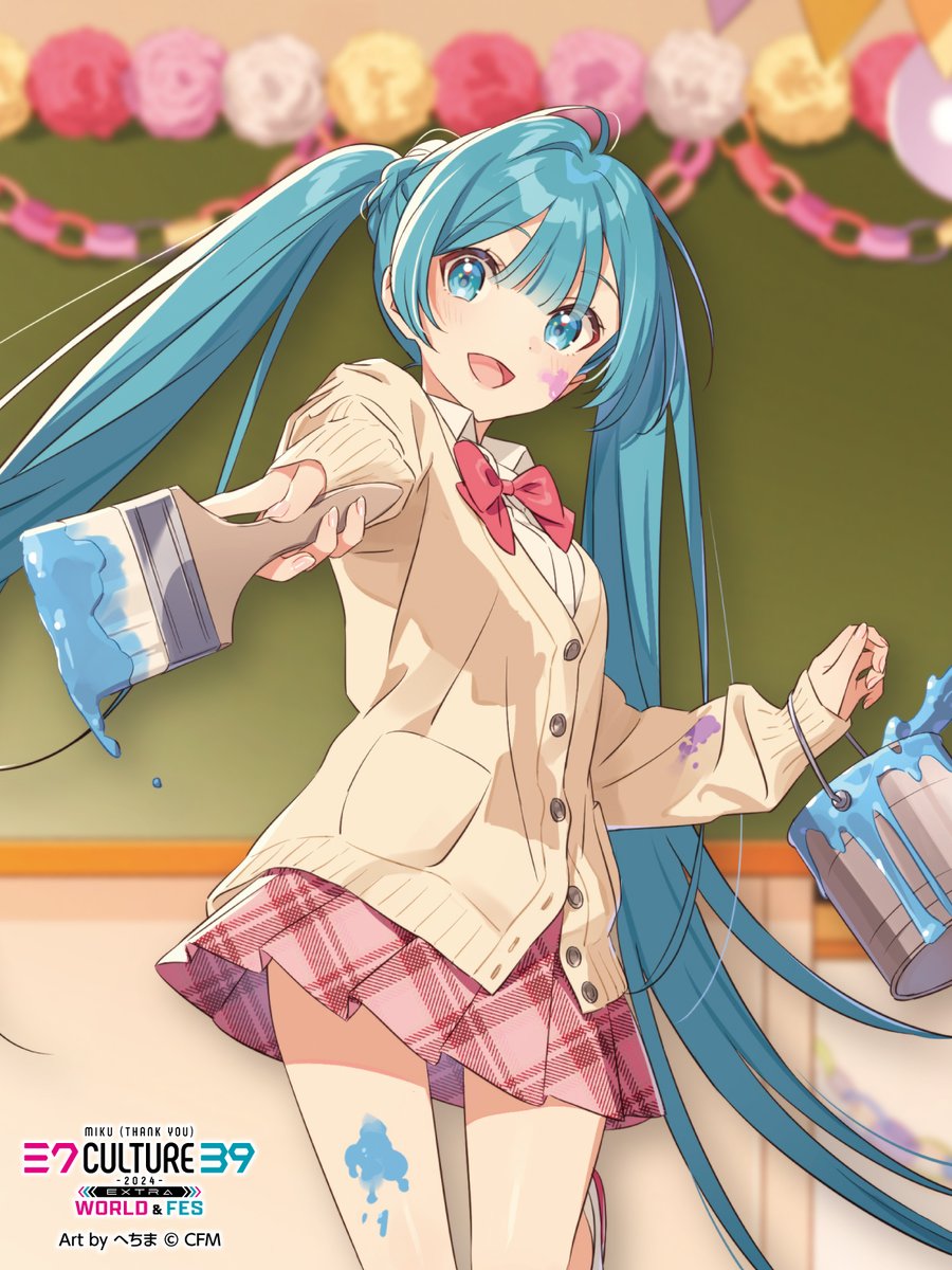 hechima (issindotai), hatsune miku, vocaloid, commentary request, highres, official art, second-party source, 1girl, :d, aqua eyes, aqua hair, artist name, blurry, blurry background, bow, bowtie, brown cardigan, cardigan, chalkboard, collared shirt, company name, copyright notice, hair between eyes, holding, holding paintbrush, long hair, open mouth, paint can, paint splatter, paint splatter on face, paintbrush, pink skirt, plaid clothes, plaid skirt, pleated skirt, red bow, red bowtie, shirt, skirt, smile, solo, tongue, twintails, very long hair, white shirt