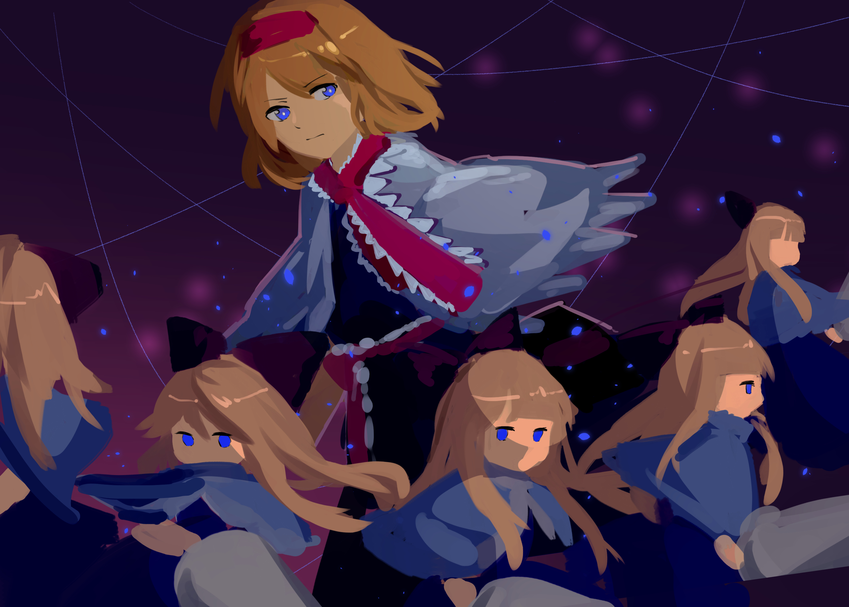 furahata gen, alice margatroid, touhou, highres, 1girl, blonde hair, blue capelet, blue dress, blue eyes, capelet, closed mouth, doll, dress, falling petals, frilled capelet, frills, gradient background, hairband, holding, holding weapon, long hair, petals, red hairband, red sash, sash, short hair, solo, string, swept bangs, weapon, white capelet