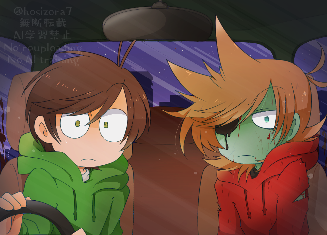 reon (02779), edd (eddsworld), eddsworld, commentary request, derivative work, screenshot redraw, 2boys, aqua eyes, blood, brown hair, car interior, colored skin, green eyes, green hoodie, green skin, hood, hood down, hoodie, looking at viewer, male focus, multiple boys, red hoodie, short hair, tord (eddsworld), torn clothes, watermark, wide-eyed, zombie
