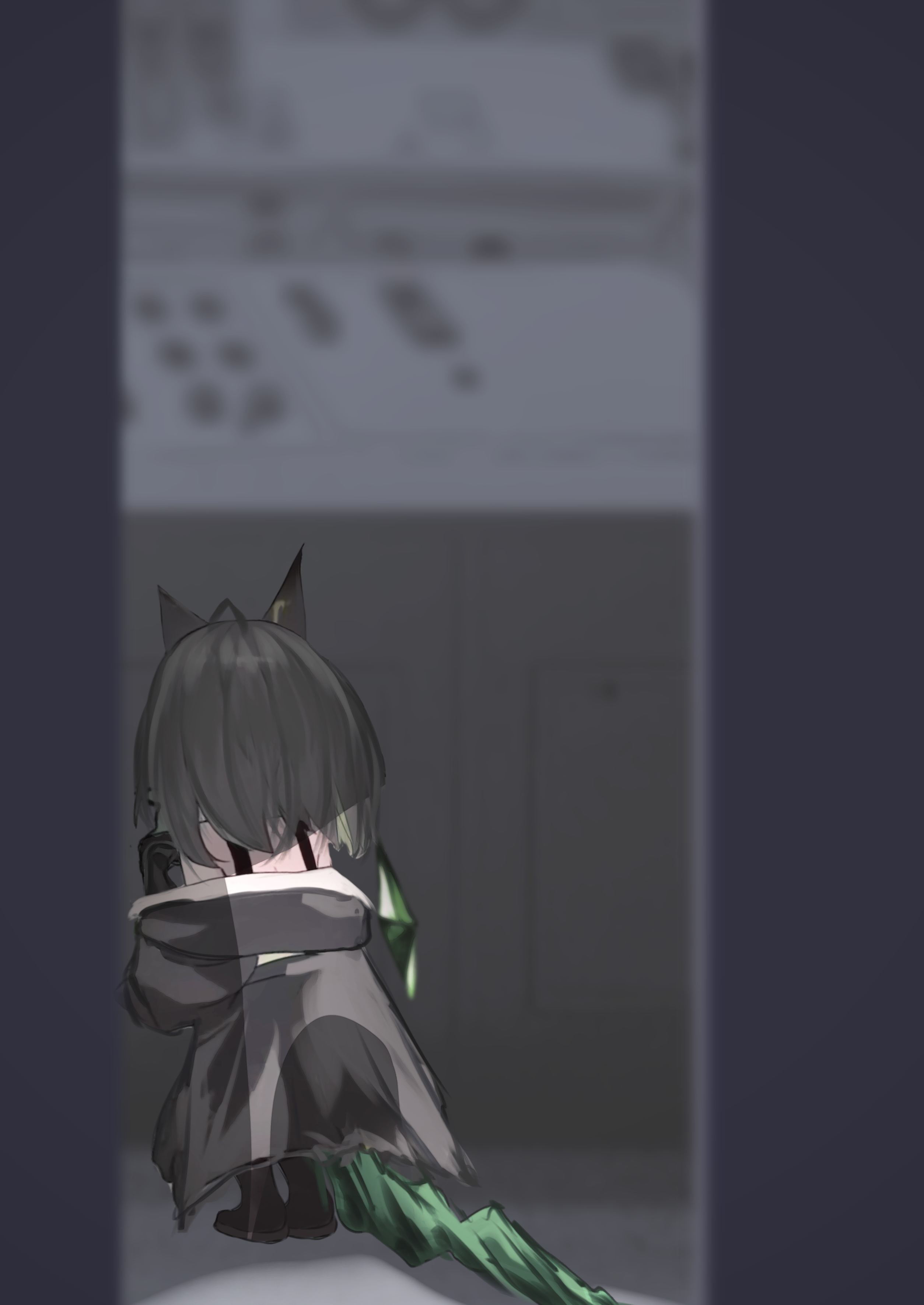 mebe (teadia violet), doctor (arknights), mon3tr (arknights), arknights, absurdres, highres, 1girl, animal ears, arms up, black hair, black jacket, cat ears, cat girl, crystal, crystal tail, floating, floating object, from behind, jacket, jacket on shoulders, kneeling, medium hair, off shoulder, out of frame, shadow, tail, walk-in