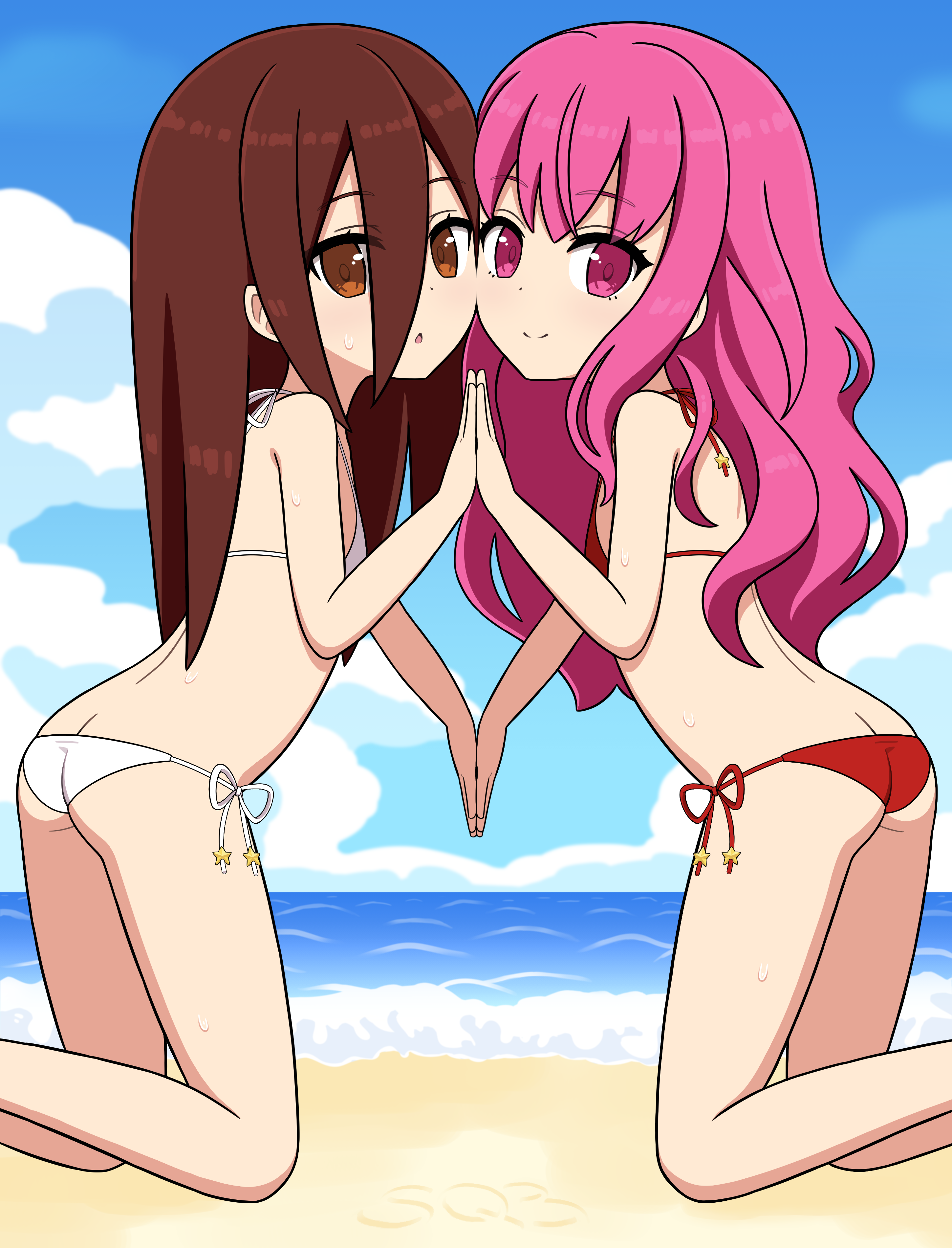 ami (ammy33), zodiac (sekaiju), zodiac 2 (sekaiju), zodiac 4 (sekaiju), etrian odyssey, 2girls, ass, beach, bikini, brown eyes, brown hair, butt crack, cheek-to-cheek, cloud, feet out of frame, female focus, heads together, holding hands, kneeling, looking at viewer, lowleg, lowleg bikini, multiple girls, ocean, outdoors, pink eyes, pink hair, red bikini, sand, side-tie bikini bottom, sky, smile, solo, swimsuit, water, white bikini