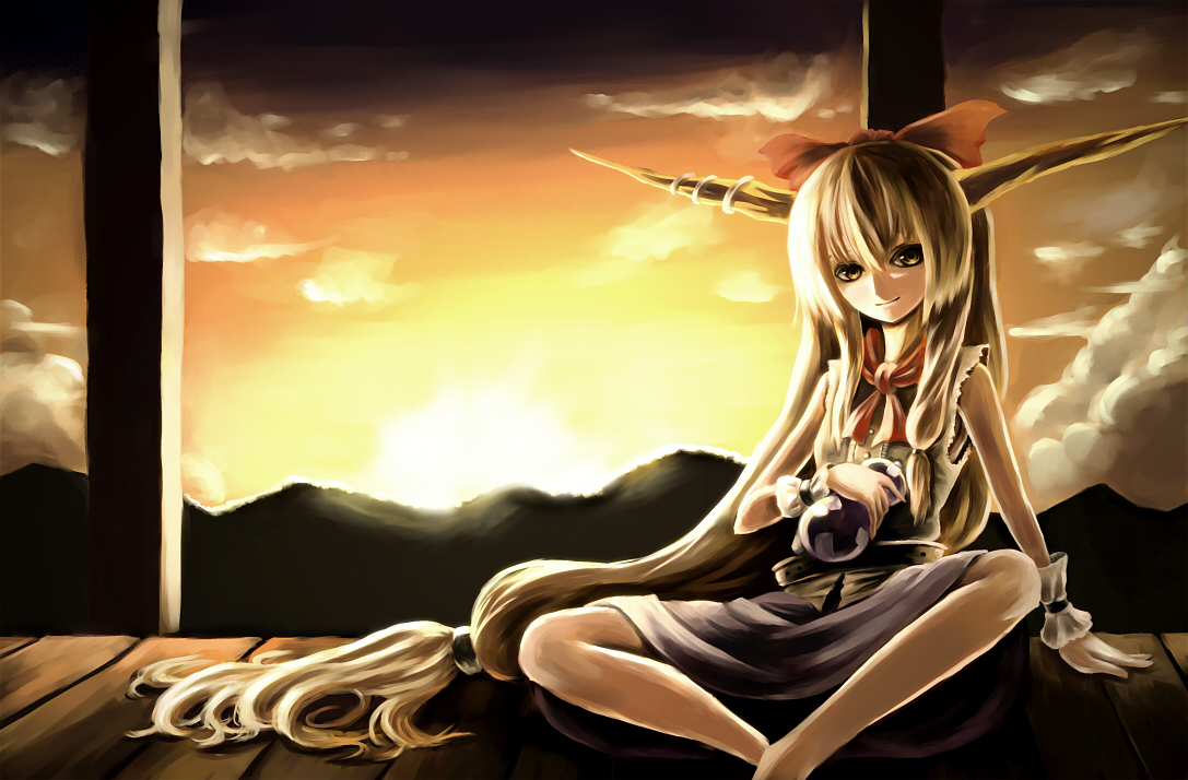 parsley-f, ibuki suika, touhou, bad id, bad pixiv id, 1girl, cloud, female focus, long hair, lying, outdoors, plant, sky, solo, spread legs, sunset, very long hair
