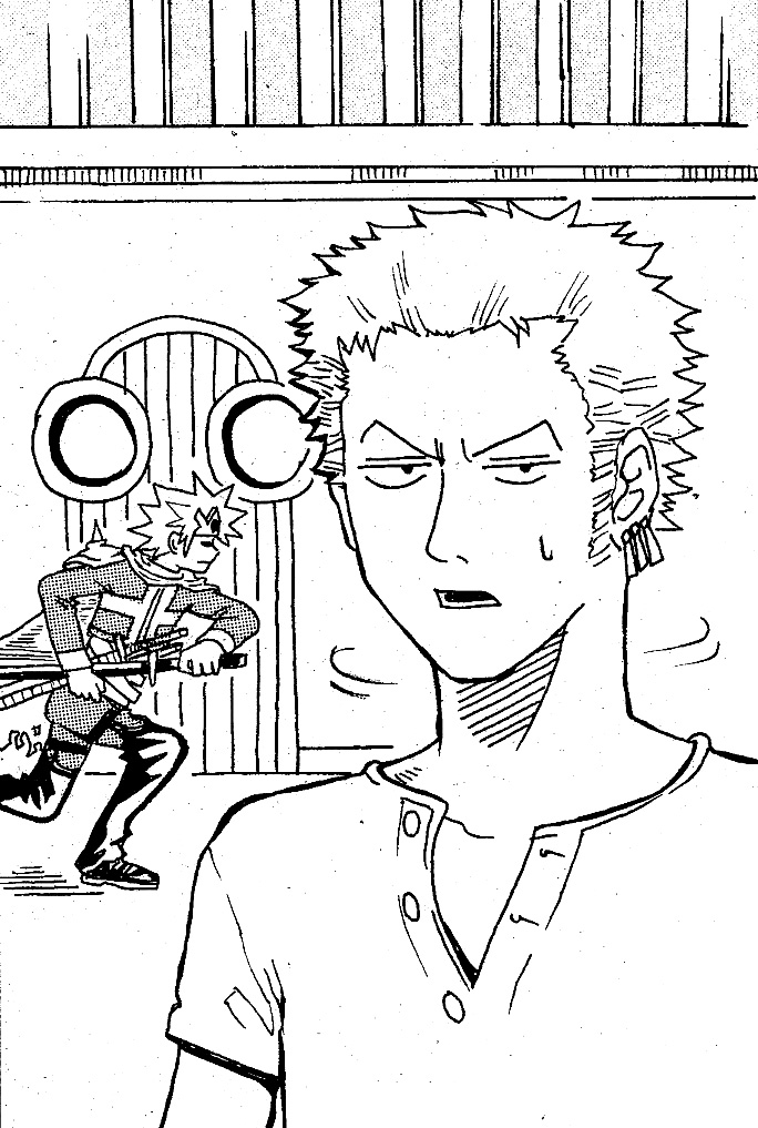 asou shuuichi, haganeno ken, roronoa zoro, boku no watashi no yusha gaku, one piece, 2boys, crossover, earrings, greyscale, jewelry, loose clothes, loose shirt, male focus, monochrome, multiple boys, parody, shirt, short hair, sword, weapon