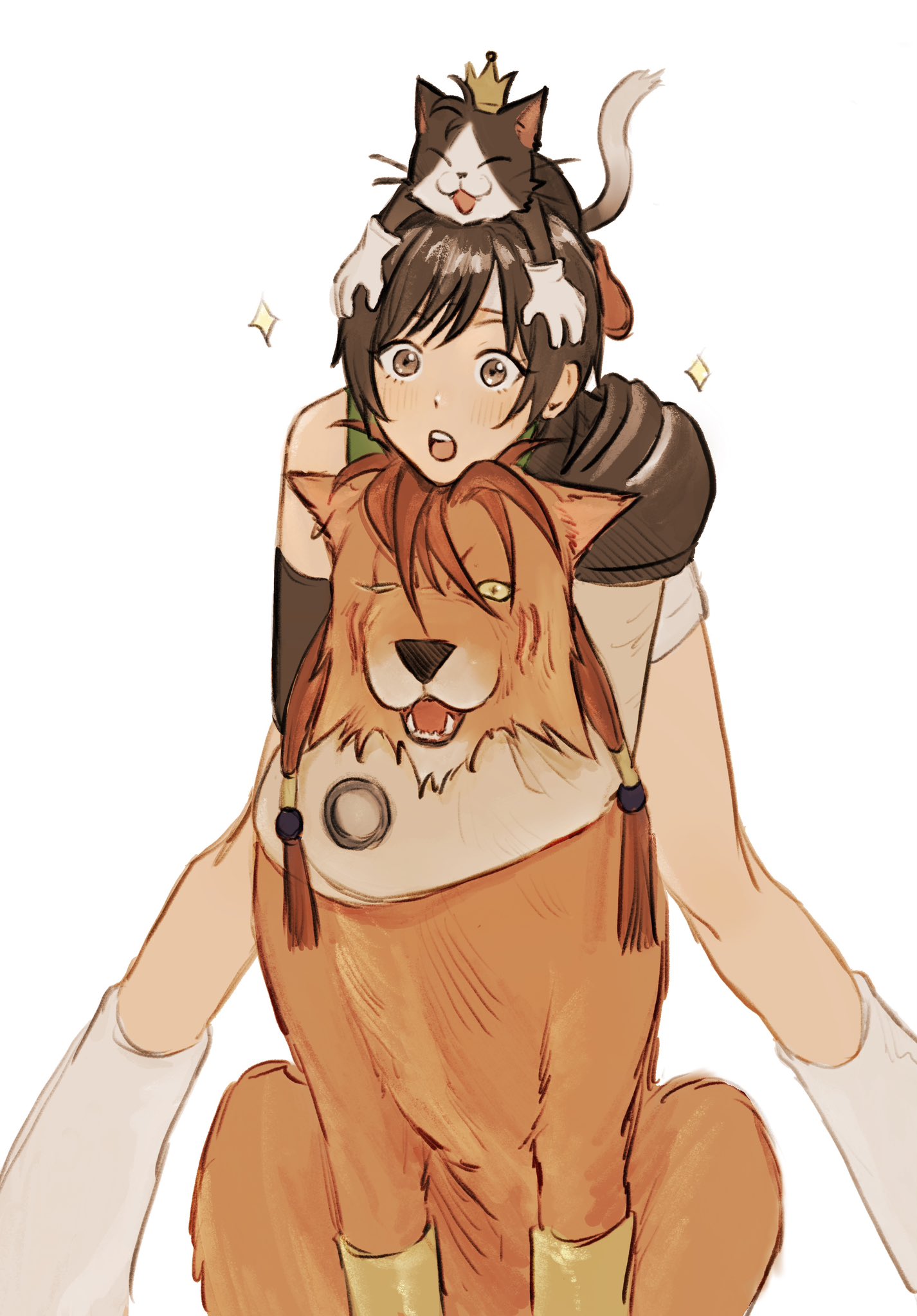 cait sith (final fantasy), red xiii, final fantasy, final fantasy vii, commentary, highres, 1girl, :d, :o, animal, animal hug, animal on head, armor, bent over, black cat, black gloves, blush, brown eyes, brown hair, cat, cat on head, closed eyes, crown, elbow gloves, forehead protector, gloves, green sweater, headband, hug, hug from behind, leaning forward, light blush, looking ahead, mini crown, on head, one eye closed, open mouth, pauldrons, raised eyebrows, scar, scar across eye, scar on face, short hair, short shorts, shorts, shoulder armor, simple background, single bare shoulder, single pauldron, sleeveless, sleeveless sweater, smile, solo, sparkle, spread legs, sweater, swept bangs, teeth, upper teeth only, very short hair, white background, white cat, white shorts, wide-eyed, wnupani