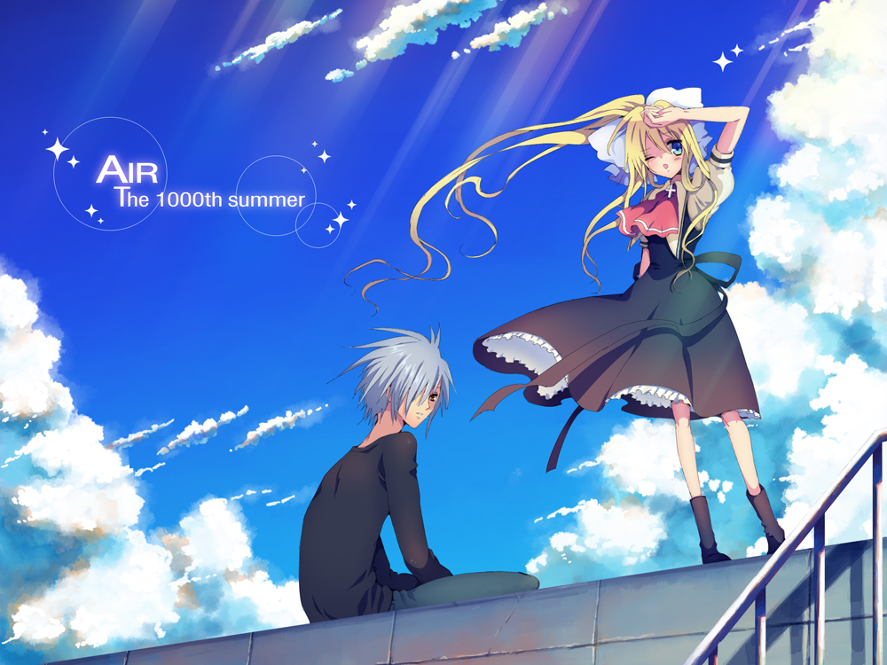 80ne80ne, rugo, kamio misuzu, kunisaki yukito, air (visual novel), silver hair, 00s, 1boy, 1girl, blonde hair, blue eyes, cloud, day, hair over one eye, long hair, one eye closed, ponytail, school uniform, short hair, stairs, wink