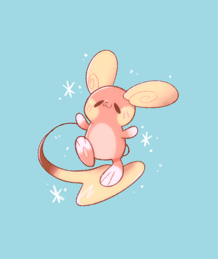 alolan raichu, nintendo, pokemon, :3, alolan form, blue background, closed mouth, full body, gen 7 pokemon, keebykiba, no humans, pokemon (creature), pokemon focus, simple background, smile, solid oval eyes, solo, sparkle, standing, standing on one leg