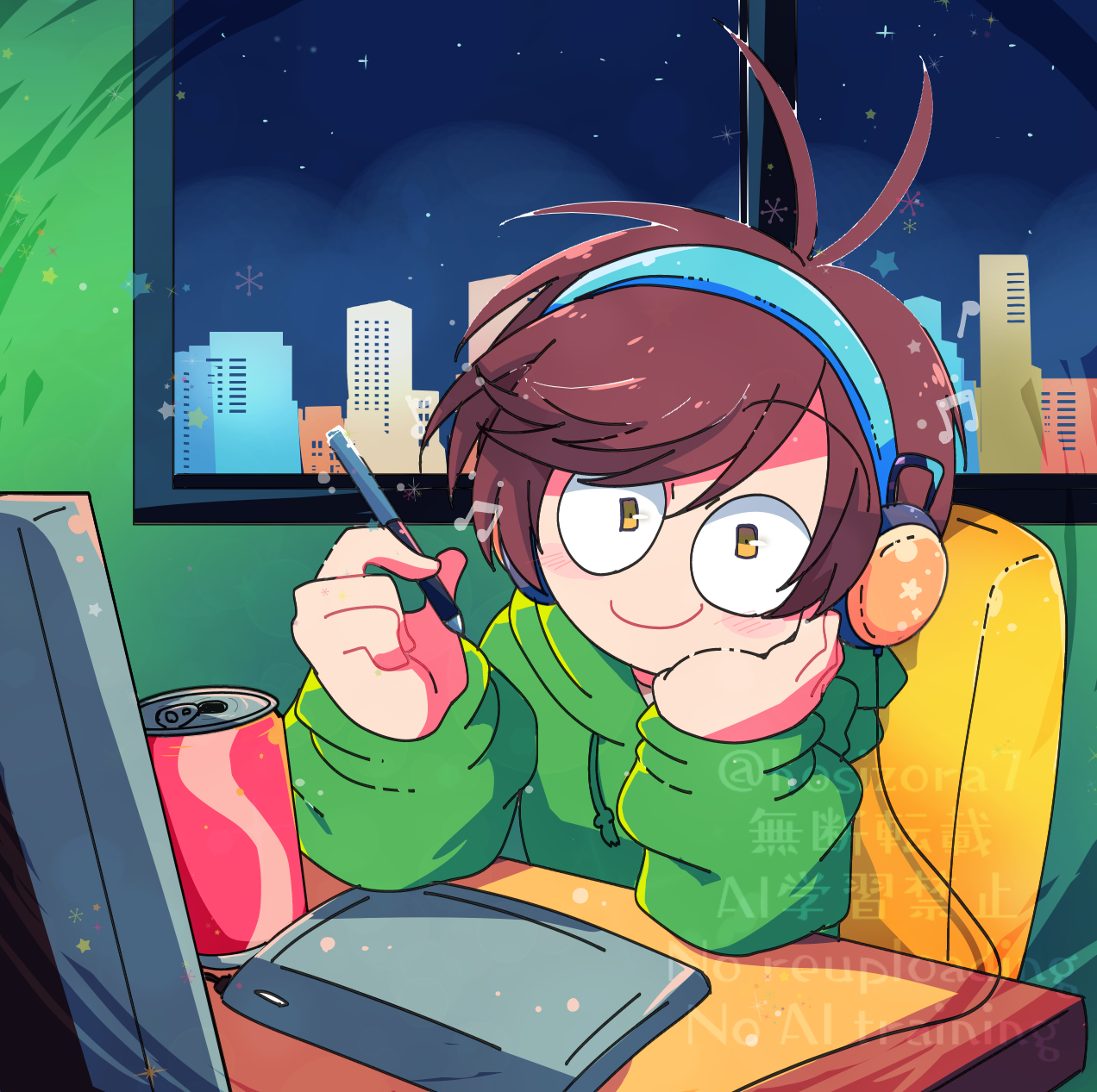 reon (02779), edd (eddsworld), eddsworld, commentary request, highres, 1boy, antenna hair, blush, brown eyes, brown hair, can, computer, drawing tablet, drink can, green hoodie, headphones, holding, holding stylus, hood, hood down, hoodie, indoors, looking at viewer, male focus, musical note, short hair, smile, soda can, solo, stylus, watermark, window
