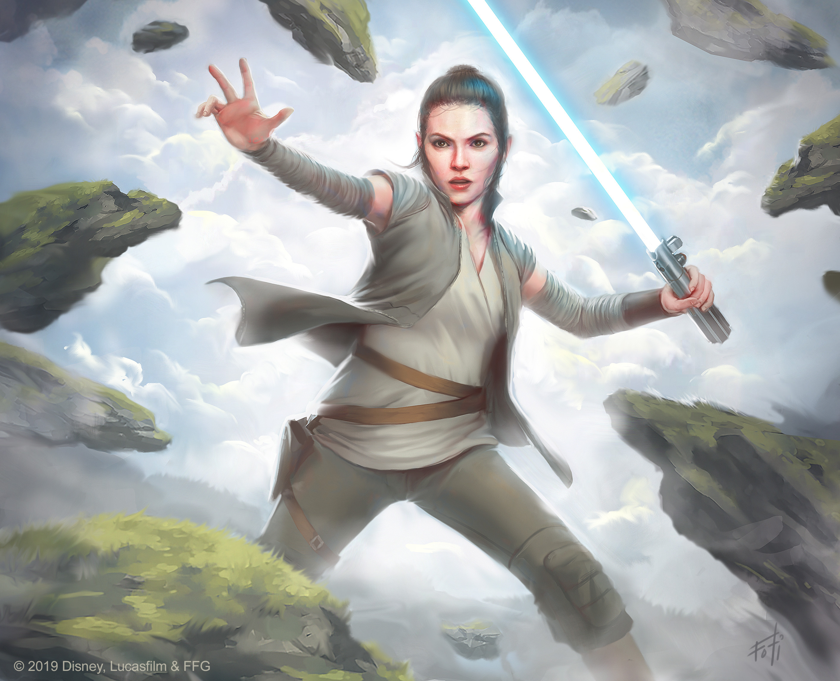 rey (star wars), star wars, highres, 1girl, blue lightsaber, brown eyes, brown hair, brown pants, cloud, day, energy sword, english text, grey vest, holding, holding sword, holding weapon, lightsaber, open clothes, open vest, outdoors, pants, shirt, solo, sword, telekinesis, tony foti, vest, weapon, white shirt