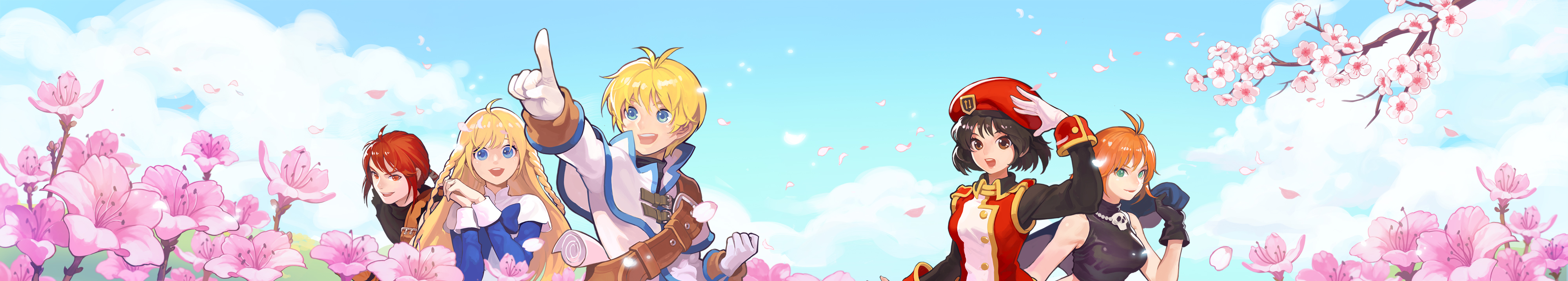 sang ah yoon, ispin charles, lucian kaltz, mila nebraska, sivelin uuo, tichiel juspian, nexon, tales weaver, absurdres, commentary request, highres, korean commentary, long image, official art, wide image, antenna hair, badge, bare arms, bare shoulders, belt, belt buckle, beret, black gloves, black hair, black shirt, black sleeves, blonde hair, blue coat, blue eyes, blue pupils, blue sky, blue sleeves, braid, breasts, brown belt, brown eyes, buckle, buttoned cuffs, buttons, capelet, capelet belt, cherry blossoms, closed mouth, cloud, coat, collared dress, collared shirt, crop top, cropped shirt, dated commentary, dress, flower, gloves, gold buttons, green eyes, hair between eyes, hat, high collar, holding, holding coat, holding unworn clothes, jacket, jewelry, large belt, layered dress, layered sleeves, long hair, long sleeves, looking at viewer, map, medium breasts, multicolored jacket, necklace, open mouth, orange eyes, orange hair, own hands together, pink flower, pink petals, plain epaulettes, pointing, ponytail, raised fist, red hair, red hat, red jacket, shirt, short hair, short over long sleeves, short sleeves, shoulder belt, sidelocks, skull necklace, sky, sleeve cuffs, sleeveless, sleeveless shirt, smile, teeth, torn clothes, torn shirt, turtleneck, turtleneck shirt, twin braids, two-tone jacket, unworn coat, upper body, upper teeth only, upturned eyes, white capelet, white coat, white dress, white gloves, white jacket, white sleeves, wing collar, yellow trim