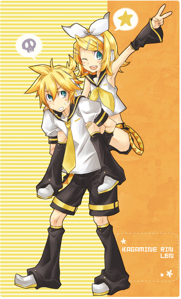 mikipa, kagamine len, kagamine rin, vocaloid, bad id, bad pixiv id, 1boy, 1girl, aqua eyes, blonde hair, brother and sister, hair ornament, hair ribbon, hairclip, holding, midriff, necktie, one eye closed, ribbon, sailor collar, short hair, shorts, siblings, smile, sweat, twins, v, wink, yellow necktie