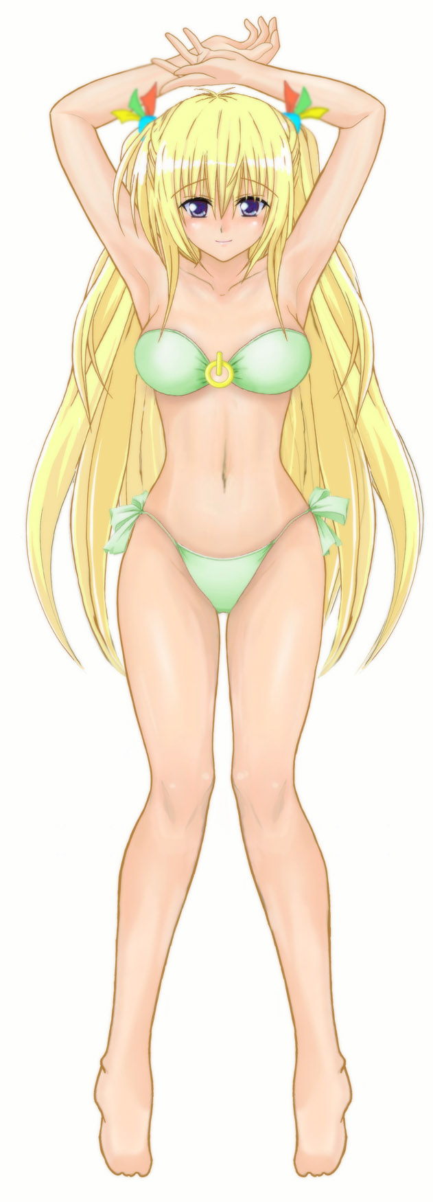 llllllll, vista-tan, os-tan, bad id, bad pixiv id, highres, long image, tall image, arms up, bikini, blonde hair, blue eyes, green bikini, legs, long hair, lying, simple background, solo, swimsuit, twintails, white background