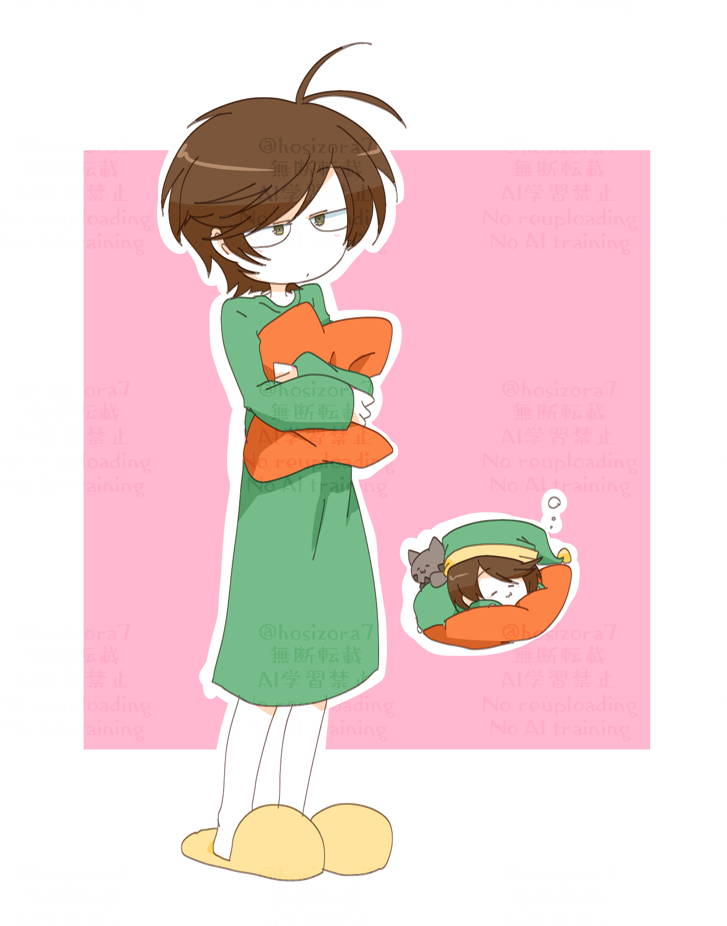 reon (02779), edd (eddsworld), eddsworld, commentary request, highres, 1boy, antenna hair, border, brown hair, cat, chibi, chibi inset, full body, green hat, green pajamas, grey cat, hat, holding, holding pillow, jitome, male focus, outline, pajamas, pillow, pink background, ringo (eddsworld), short hair, slippers, solo focus, standing, watermark, white border, white outline, yellow slippers