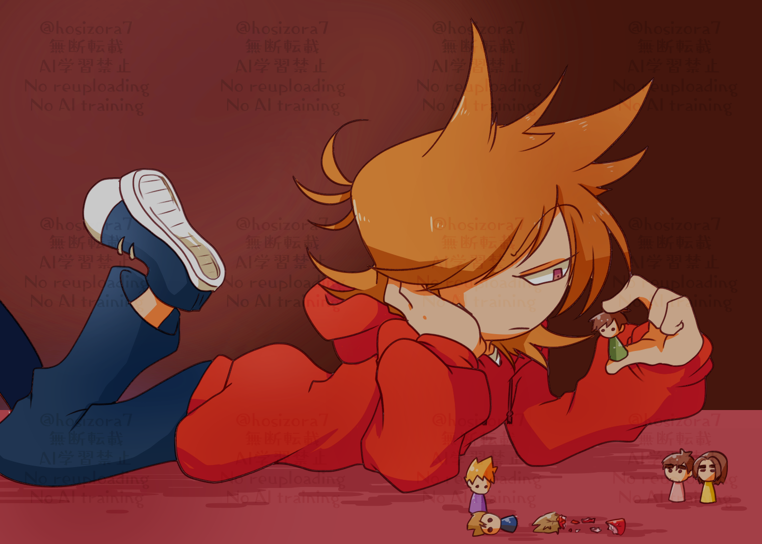 reon (02779), edd (eddsworld), matt (eddsworld), tom (eddsworld), eddsworld, commentary request, 1boy, black pants, black shoes, brown hair, character doll, doll, holding, hood, hood down, hoodie, long sleeves, lying, male focus, on stomach, pants, patryck (eddsworld), paul (eddsworld), red eyes, red hoodie, red theme, shoes, short hair, sneakers, solo, too many watermarks, tord (eddsworld), watermark