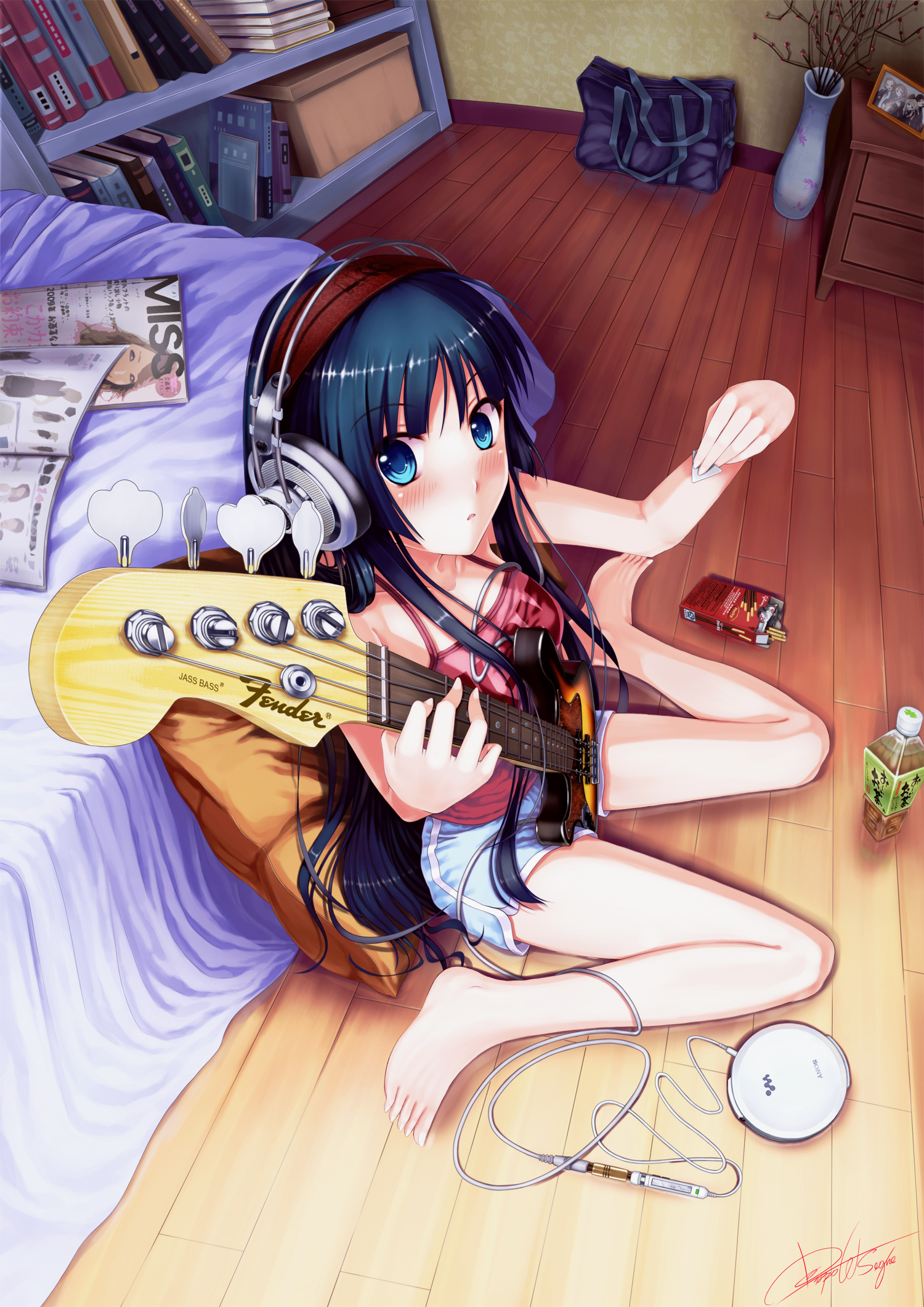 dopollsogno, akiyama mio, akg, k-on!, highres, 00s, 1girl, akg k-series headphones, artistic error, barefoot, bass guitar, bedroom, bedside, blue eyes, blue hair, book, bottle, casual, cd player, cd walkman, dolphin shorts, feet, female focus, fender jazz bass, food, foreshortening, from above, full body, guitar, headphones, indoors, instrument, long hair, magazine (object), matching hair/eyes, pillow, plectrum, pocky, shelf, short shorts, shorts, sitting, solo, tank top, tea, toes, typo