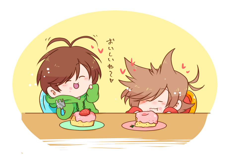 reon (02779), edd (eddsworld), eddsworld, commentary request, translation request, 2boys, antenna hair, blush, brown hair, cake, chair, chibi, chibi only, closed eyes, food, fork, fruit, green hoodie, happy, heart, holding, holding fork, hood, hood down, hoodie, male focus, multiple boys, plate, red hoodie, smile, strawberry, table, tord (eddsworld)