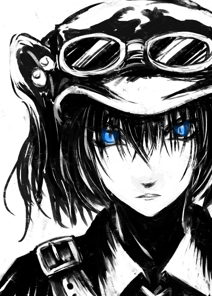 iseki mitsuharu, kawashiro nitori, touhou, 1girl, blue eyes, female focus, goggles, greyscale, hair bobbles, hair ornament, hat, monochrome, short hair, solo, spot color, twintails, two side up