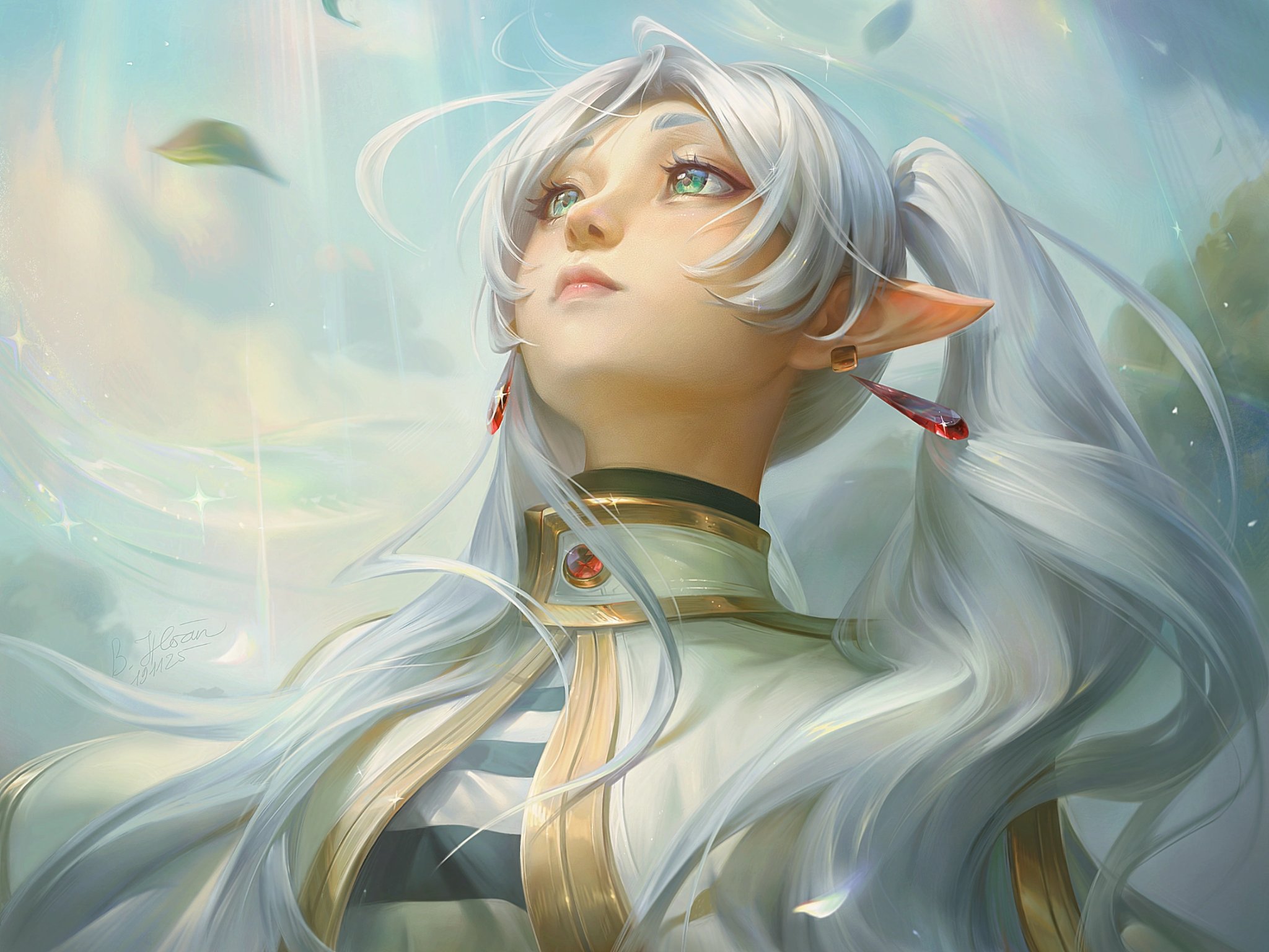 bich hoan, frieren, sousou no frieren, commentary, english commentary, highres, 1girl, capelet, earrings, elf, eyelashes, floating hair, gold trim, green eyes, grey hair, hair over shoulder, head back, jewelry, long pointy ears, looking up, meme, outdoors, parted bangs, pointy ears, shirt, solo, sparkle, striped clothes, striped shirt, teardrop earrings, twintails, upper body, upward angle frieren drawing (meme), white capelet