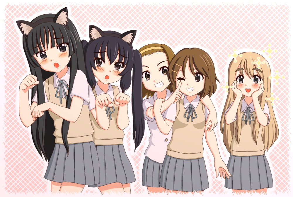 chunpai, akiyama mio, hirasawa yui, kotobuki tsumugi, nakano azusa, tainaka ritsu, k-on!, 00s, 5girls, animal ears, black eyes, black hair, blonde hair, brown eyes, brown hair, cat ears, grin, ho-kago tea time, long hair, multiple girls, paw pose, school uniform, short hair, smile, sparkle