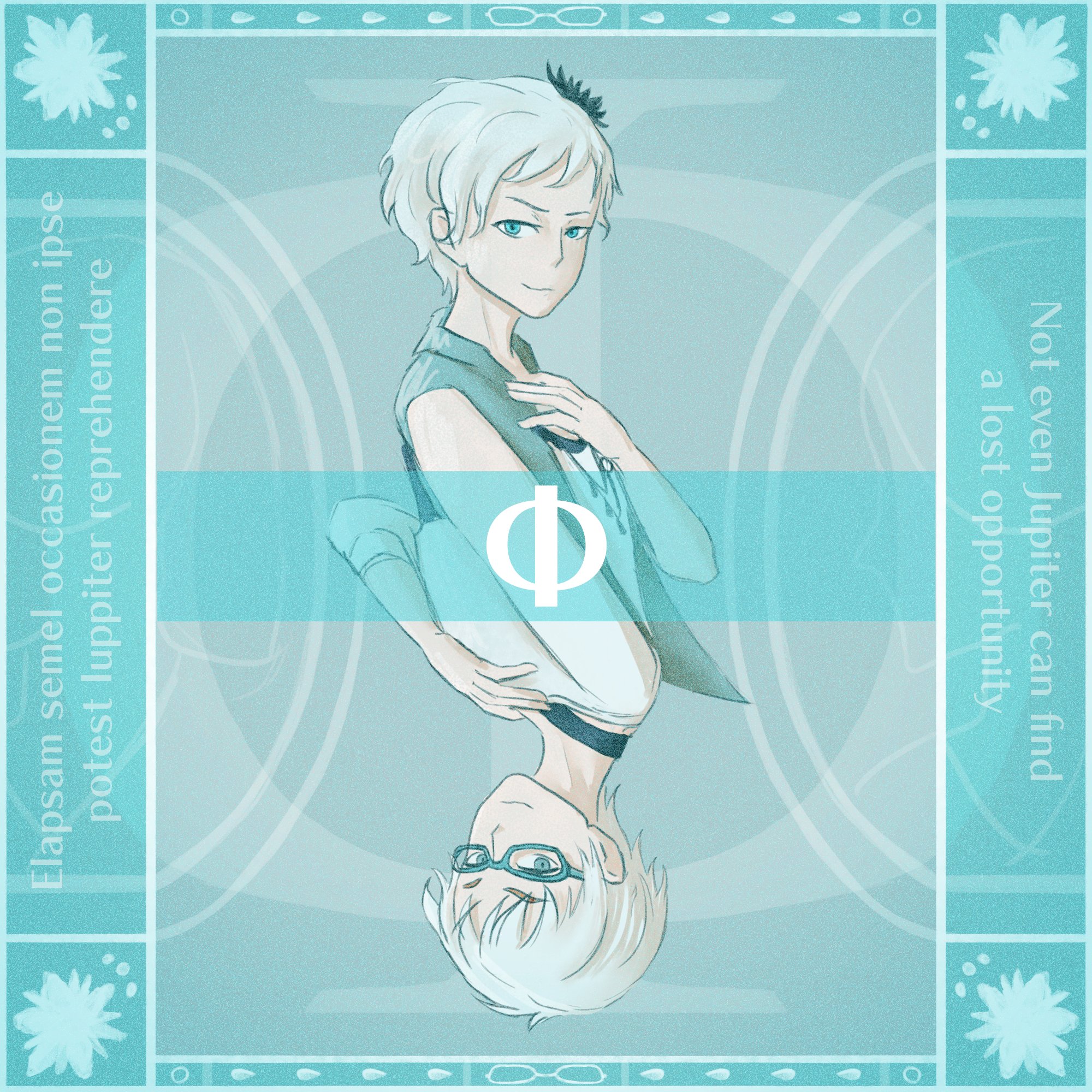 phi (kyokugen dasshutsu), kyokugen dasshutsu, kyokugen dasshutsu adv: zennin shibou desu, zero escape: toki no dilemma, commentary, english commentary, highres, 1girl, aqua-framed eyewear, aqua eyes, black flower, blue jacket, closed mouth, dual persona, english text, flower, glasses, hair flower, hair ornament, hand on own chest, jacket, latin text, looking at viewer, mismatched eyebrows, mixed-language text, open clothes, open jacket, schoppenharte, shirt, short hair, sleeveless, sleeveless jacket, smile, source quote, very short hair, white hair, white shirt
