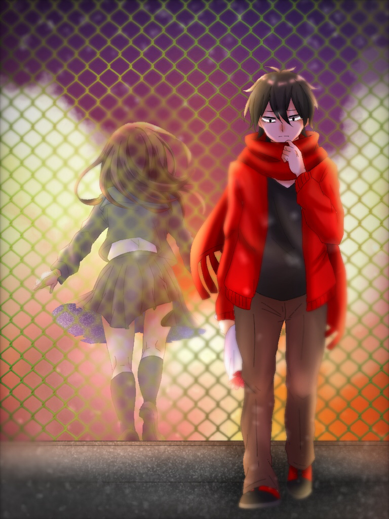 harunai, kisaragi shintarou, tateyama ayano, kagerou project, 1boy, 1girl, fence, looking at viewer, on roof