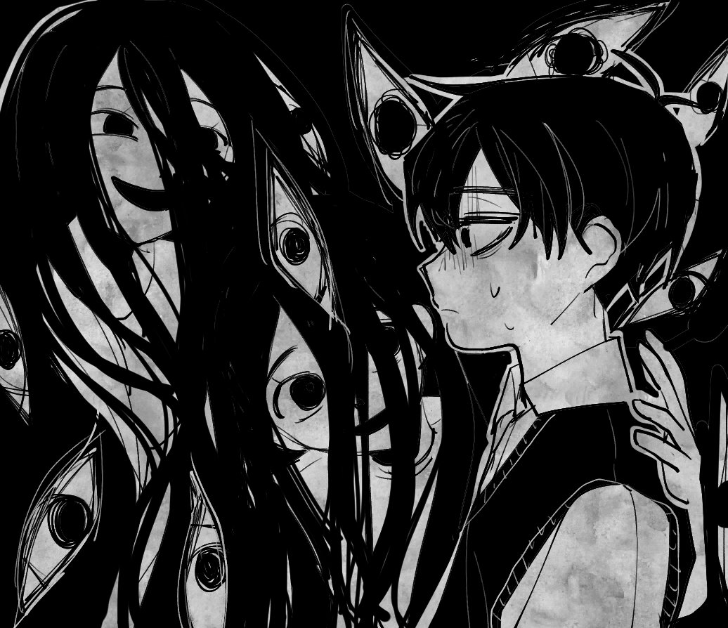 yougotnacho, mari (faraway) (omori), mari (omori), something (omori), sunny (omori), omori, commentary request, korean commentary, spoilers, 1boy, 2girls, :d, antenna hair, black background, brother and sister, clone, collared shirt, double-parted bangs, empty eyes, extra eyes, from side, greyscale, hair between eyes, hand on another's back, high contrast, long hair, looking ahead, looking at another, monochrome, multiple girls, no pupils, open mouth, outline, profile, shirt, short hair, siblings, simple background, smile, sweat, sweater vest, turn pale, upper body, very long hair, very short hair