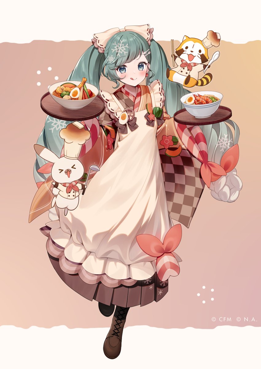 momoshiki tsubaki, hatsune miku, rabbit yukine, yuki miku, yuki miku (2024), vocaloid, commentary request, highres, official art, > <, 1girl, :q, aqua eyes, aqua hair, badge, blush, bow, bowl, brown kimono, brown shoes, chef hat, chopsticks, company name, copyright notice, food, fork hair ornament, full body, gradient hair, hair bow, hardboiled egg, hat, holding, holding chopsticks, holding ladle, holding spoon, japanese clothes, kimono, ladle, looking at viewer, multicolored hair, shoes, shrimp, snowflakes, solo, soup, spoon, spoon hair ornament, tongue, tongue out, twintails, white bow, white hair