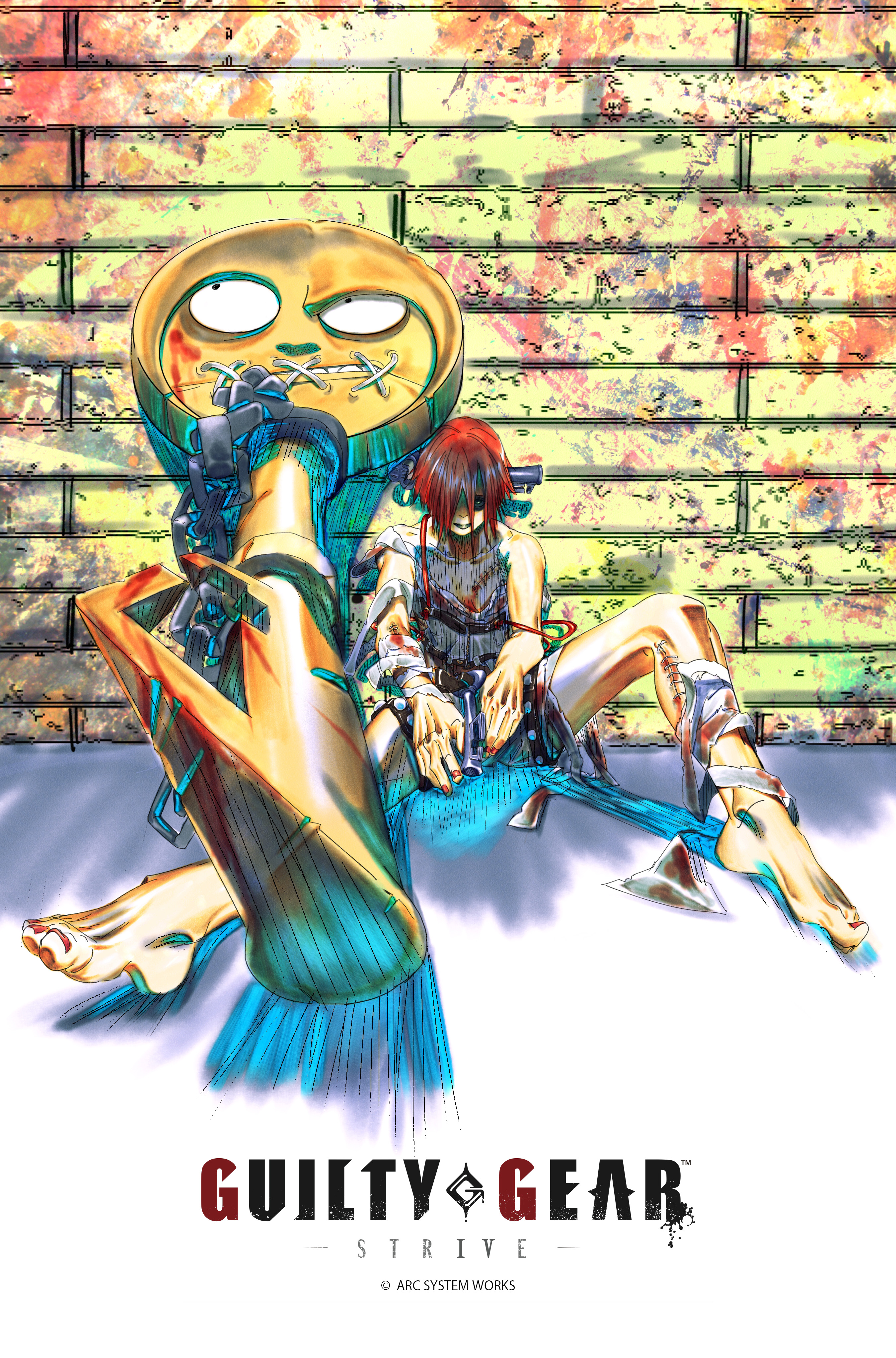 storyteller777, a.b.a, paracelsus (guilty gear), arc system works, guilty gear, guilty gear strive, absurdres, commentary request, highres, 1girl, 1other, against wall, bags under eyes, bandaged arm, bandaged chest, bandaged leg, bandages, barefoot, blood, blood stain, breasts, chain, copyright name, feet, full body, green eyes, hair between eyes, hair over one eye, key, key in head, looking at viewer, nail polish, object through head, on floor, red hair, red nails, short hair, shorts, sitting, stitched mouth, stitches, straight-on, toenail polish, toenails