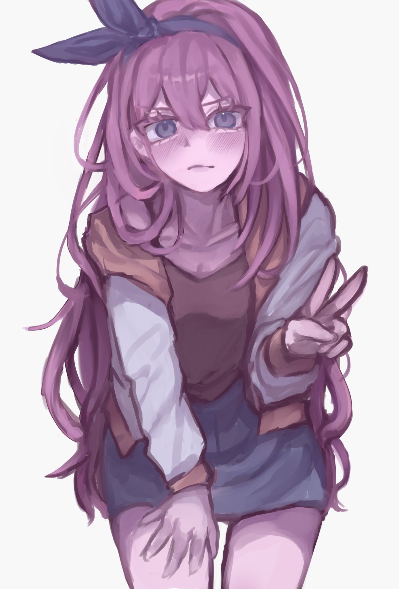 ch0b1n1, aubrey (faraway) (omori), aubrey (omori), omori, highres, 1girl, aegyo sal, blue eyes, blue hairband, blue skirt, blush, closed mouth, collarbone, denim, denim skirt, double-parted bangs, hair between eyes, hairband, hand on own thigh, jacket, long hair, long sleeves, looking at viewer, pink hair, simple background, skirt, solo, v, white background, white jacket