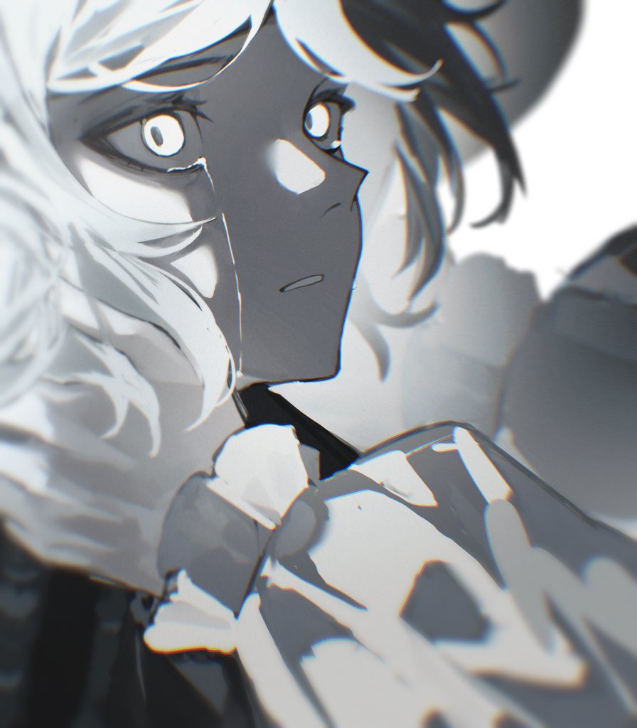 wilson (wilson1151487), vertin (reverse:1999), reverse:1999, 1girl, 1other, crying, crying with eyes open, greyscale, hair bun, hands on another's shoulders, looking to the side, monochrome, parted lips, short hair, single side bun, solo focus, streaming tears, tears, white background