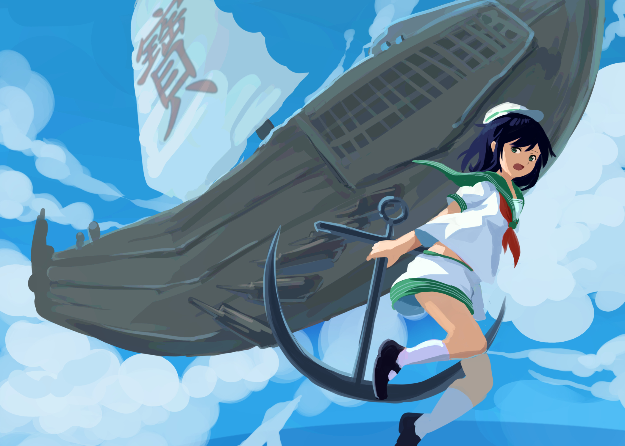 furahata gen, murasa minamitsu, touhou, undefined fantastic object, highres, 1girl, :d, anchor, black hair, black shoes, cloud, cloudy sky, floating, green eyes, green sailor collar, hair between eyes, hat, holding, holding anchor, neckerchief, open mouth, palanquin ship, red neckerchief, sailor collar, sailor hat, sailor shirt, ship, shirt, shoes, shorts, sky, smile, socks, solo, watercraft, white hat, white shirt, white shorts, white socks