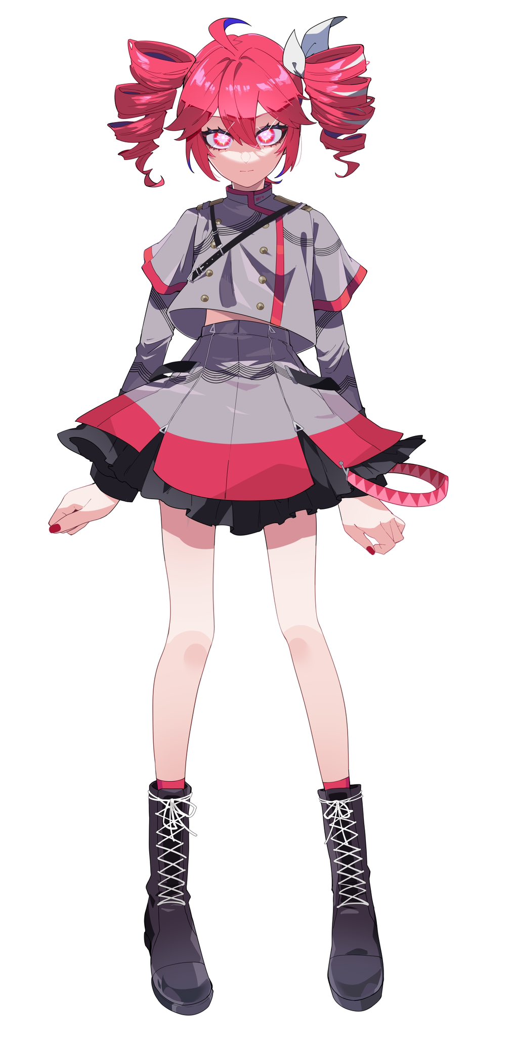 nekoma hikaru, kasane teto, kasane teto (sv), synthesizer v, utau, commentary request, highres, 1girl, ahoge, boots, closed mouth, drill hair, eyelashes, full body, grey shirt, grey skirt, lace-up boots, long sleeves, looking at viewer, midriff peek, pleated skirt, red hair, red nails, red socks, ribbon, shirt, skirt, smile, socks, solo, twin drills, white background, white ribbon