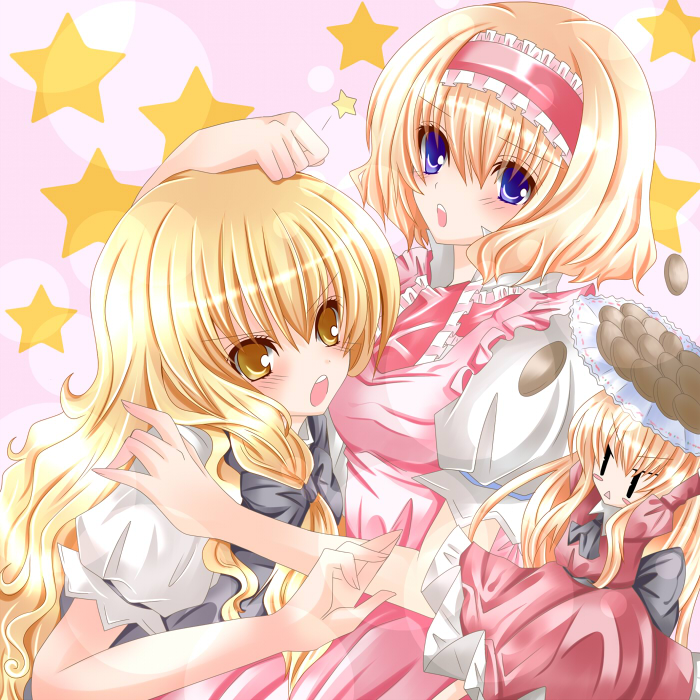 nanase nao, alice margatroid, kirisame marisa, shanghai doll, touhou, bad id, bad pixiv id, 3girls, blonde hair, blue eyes, breasts, cookie, doll, female focus, food, hairband, long hair, multiple girls, short hair, yellow eyes