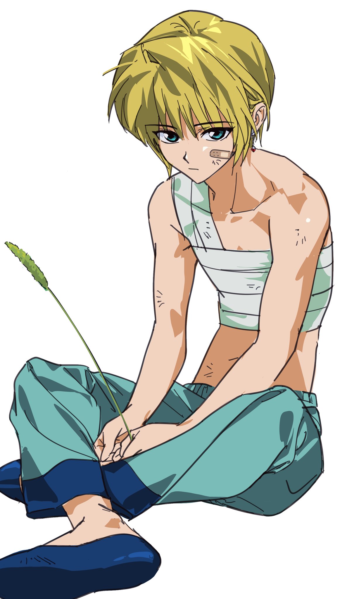 sgossho, kurapika, hunter x hunter, 1boy, bandaged chest, bandaid, bandaid on face, blonde hair, blue eyes, earrings, jewelry, male focus, pants, sitting, solo, topless male, white background