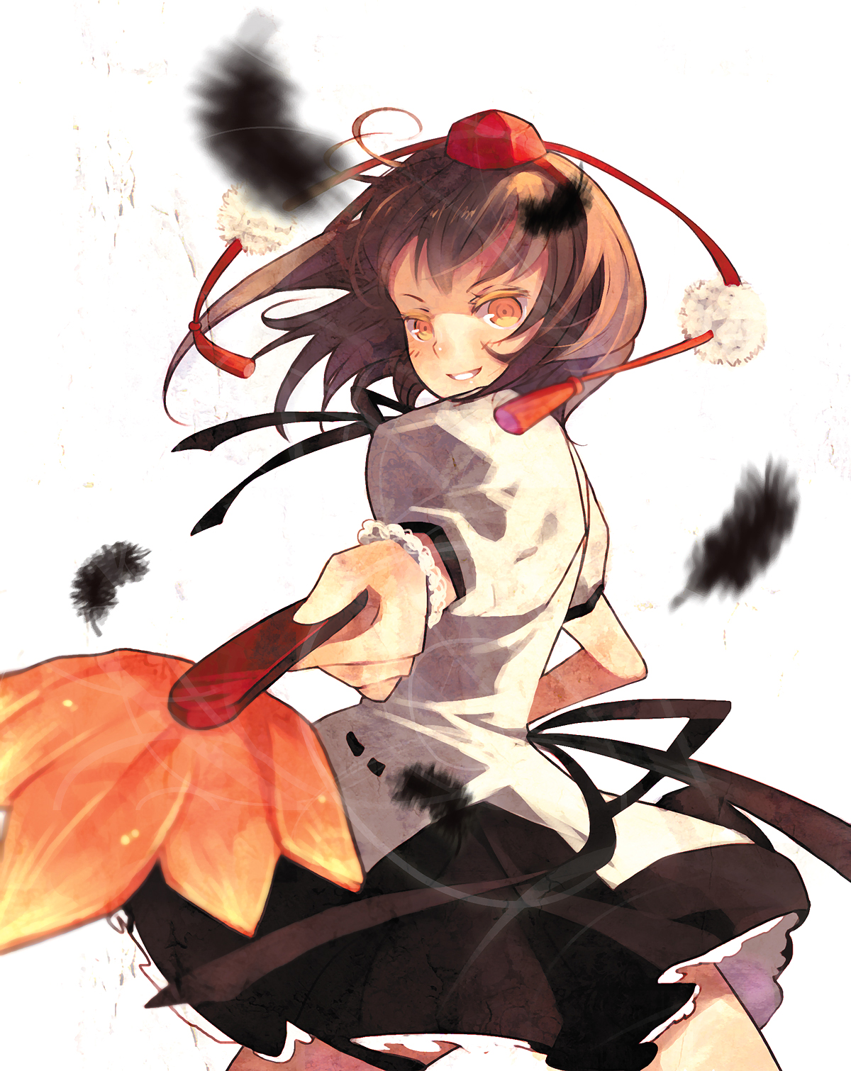 domotolain, shameimaru aya, touhou, highres, 1girl, blurry, brown hair, colored eyelashes, depth of field, eyelashes, feathers, female focus, foreshortening, grin, hand fan, hat, looking at viewer, looking back, orange eyes, petticoat, short hair, skirt, smile, solo, tokin hat, yellow eyes