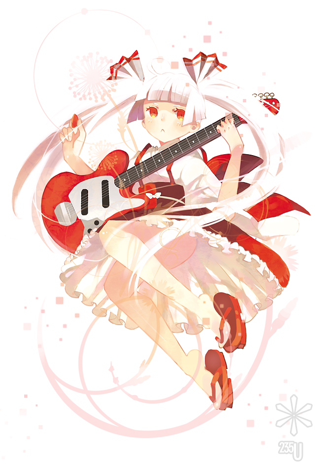 domotolain, fujiwara no mokou, touhou, 1girl, :<, alternate costume, alternate hairstyle, bare legs, bass guitar, blunt bangs, colored eyelashes, dress, eyelashes, female focus, full body, geta, guitar, hime cut, instrument, long hair, mustang (guitar), plectrum, red eyes, skirt, solo, twintails, white background, white hair