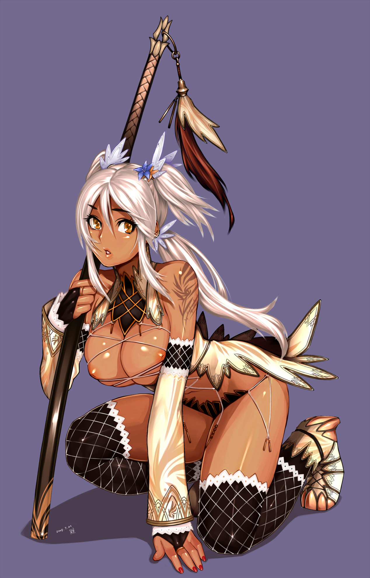 23 (real xxiii), original, highres, 1girl, breasts, bridal gauntlets, dark-skinned female, dark skin, detached sleeves, female focus, fishnets, flower, hair flower, hair ornament, inverted nipples, kneeling, large breasts, long hair, nail polish, nipples, orange eyes, ponytail, red nails, shadow, shiny skin, short twintails, solo, tan, tattoo, thighhighs, tribal, twintails, warrior, white hair