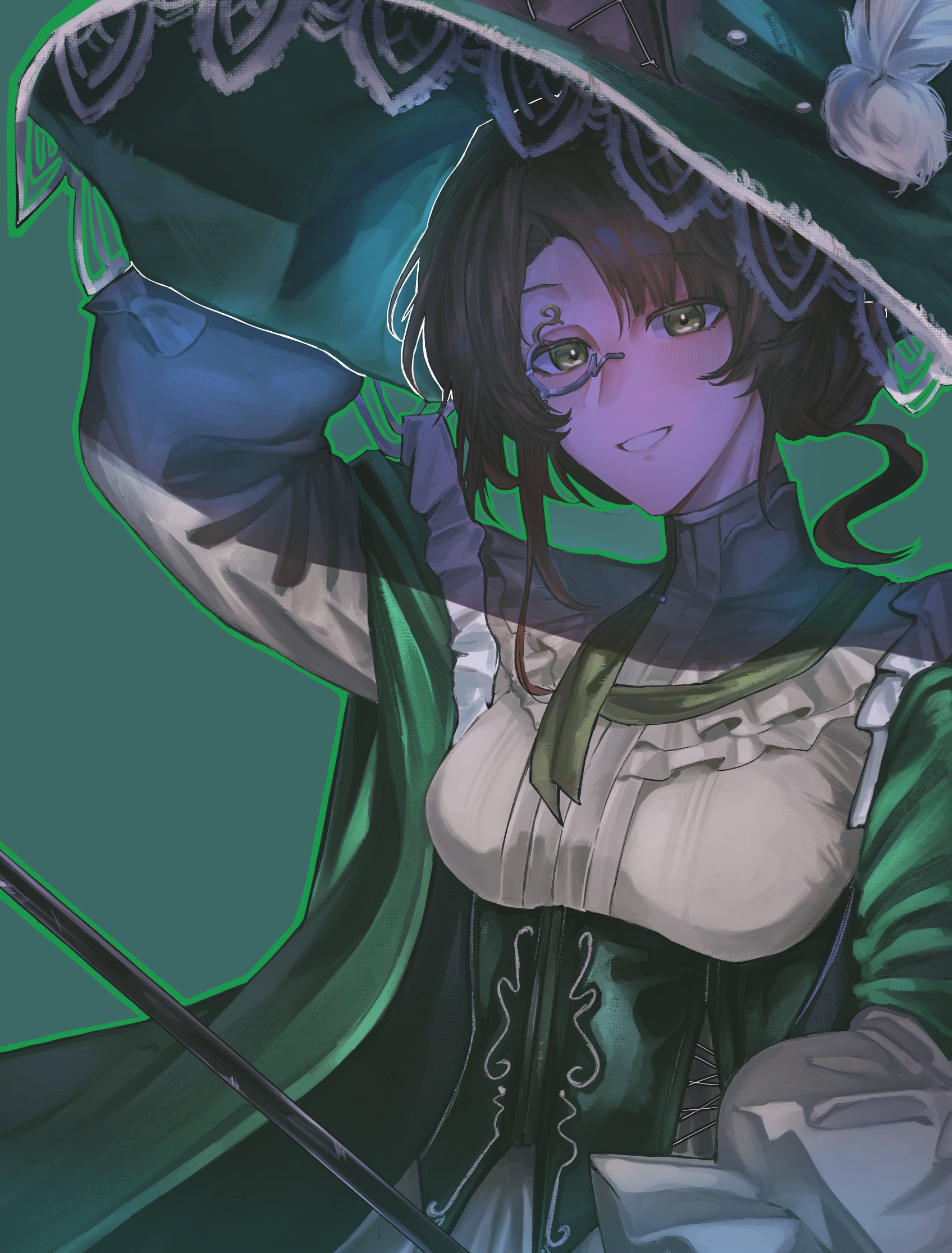 phunkey, kakania (reverse:1999), kakania (the emerald witch) (reverse:1999), reverse:1999, highres, 1girl, brown hair, coat, corset, green background, green coat, green corset, green eyes, green hat, grin, hand on headwear, hat, holding, holding wand, lace-trimmed headwear, lace trim, looking at viewer, monocle, official alternate costume, shirt, smile, solo, upper body, wand, white shirt, witch hat