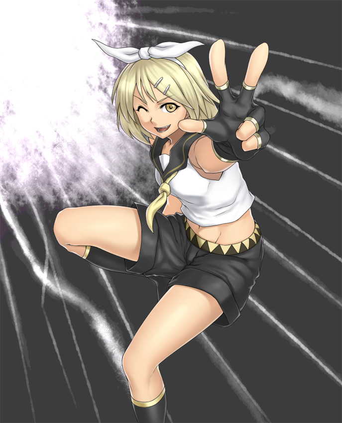 houtengeki, kagamine rin, vocaloid, 1girl, blonde hair, female focus, fingerless gloves, gloves, hair ornament, hair ribbon, hairclip, midriff, necktie, ribbon, sailor collar, short hair, shorts, solo, v, wink, yellow eyes