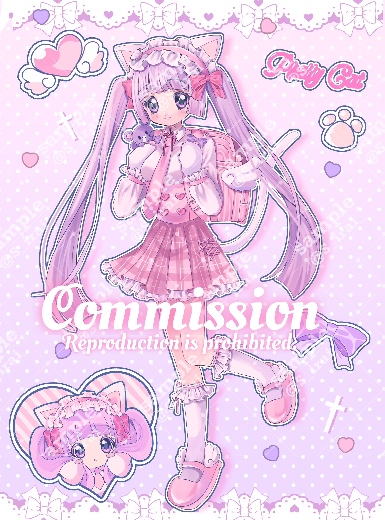 yuni (s ribbon), original, commentary request, commission, highres, skeb commission, 1girl, animal ears, backpack, bag, border, breasts, cat ears, cat girl, cat tail, cross, full body, hairband, heart, lace, lace border, lolita hairband, long hair, long sleeves, looking at viewer, mary janes, medium breasts, multiple views, necktie, ornate border, pink eyes, pink hair, pink necktie, pink shoes, pink skirt, pink theme, randoseru, shirt, shoes, skirt, smile, socks, standing, standing on one leg, tail, twintails, watermark, white shirt, white socks, yume kawaii