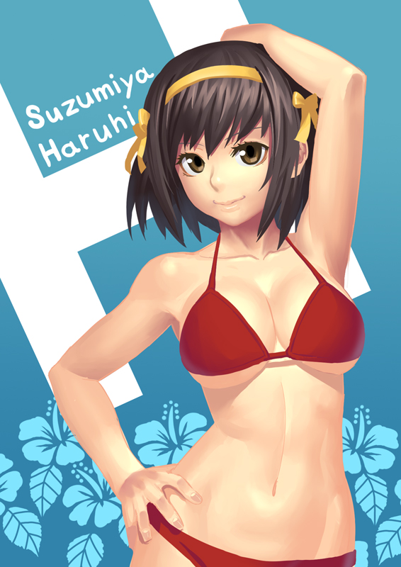 k+, suzumiya haruhi, suzumiya haruhi no yuuutsu, 00s, 1girl, armpits, bikini, black hair, breasts, brown eyes, female focus, large breasts, lips, looking at viewer, red bikini, smile, solo, swimsuit, underboob, wide hips