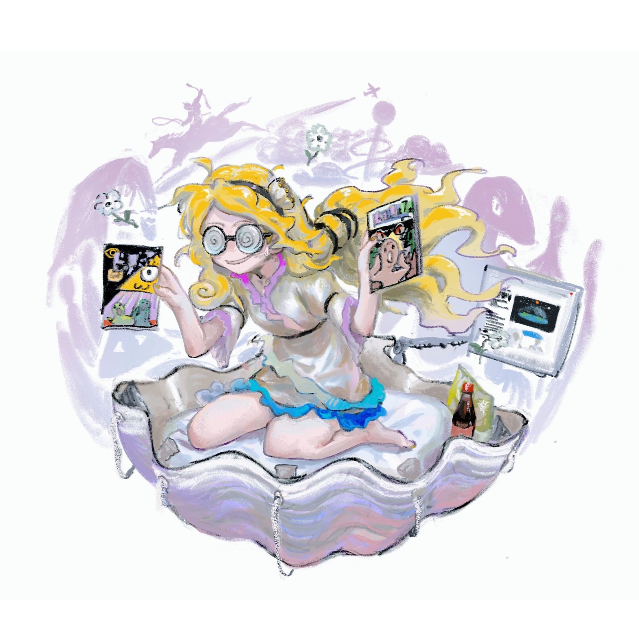 piu (pengtaipxv2014), watari nina, touhou, highres, blonde hair, full body, glass bottle, holding, kneeling, long hair, magazine (object), monitor, wavy hair, white background