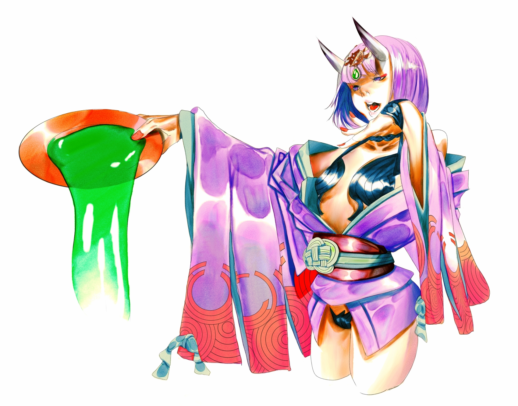 storyteller777, shuten douji (fate), fate/grand order, fate (series), commentary, highres, 1girl, ambiguous green liquid, bob cut, breasts, cropped legs, cup, gem, green gemstone, headpiece, holding, holding cup, horns, japanese clothes, kimono, long sleeves, makeup, nail polish, off shoulder, oni, open mouth, parted lips, pouring, purple eyes, purple hair, purple kimono, red nails, revealing clothes, sakazuki, short hair, simple background, small breasts, solo, white background, wide sleeves